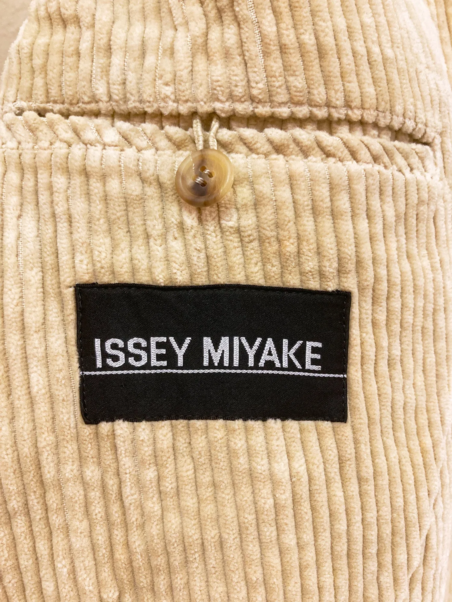 Issey Miyake beige cotton corduroy double breasted blazer and trouser suit - M