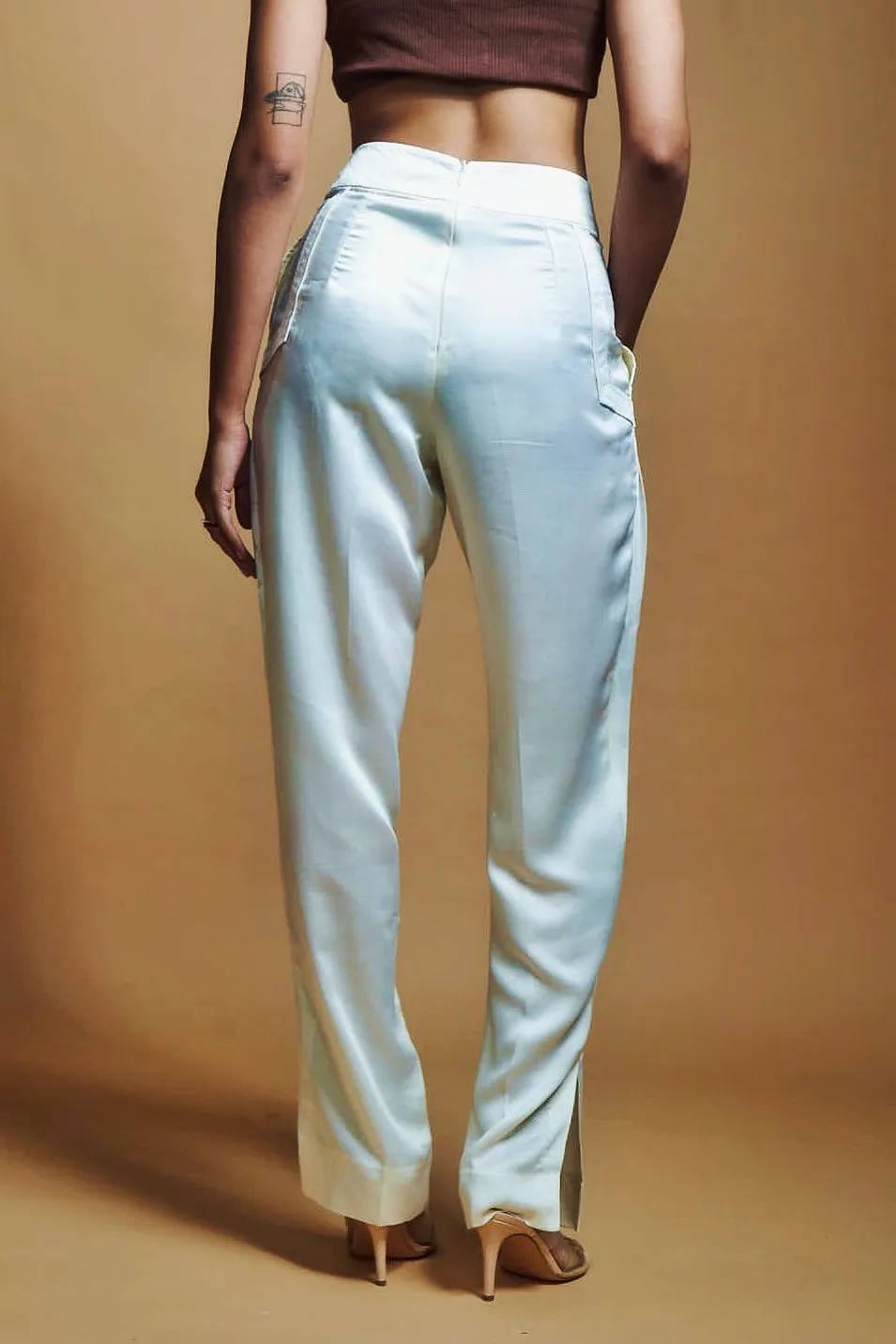 IVORY SATIN PLEATED PANTS