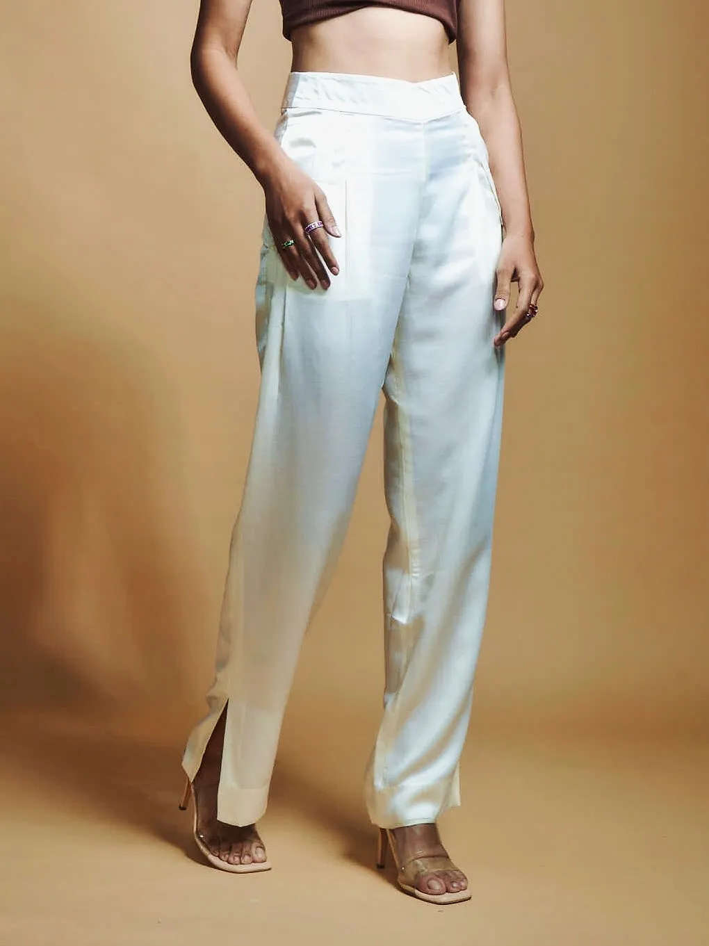 IVORY SATIN PLEATED PANTS