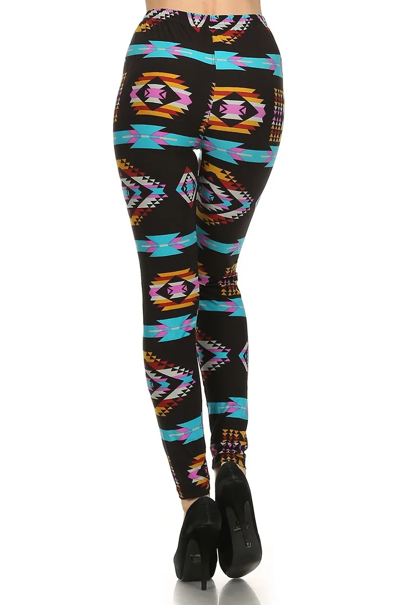 iZZYZX Women's Regular colorful Aztec Pattern Printed Leggings - Black Pink