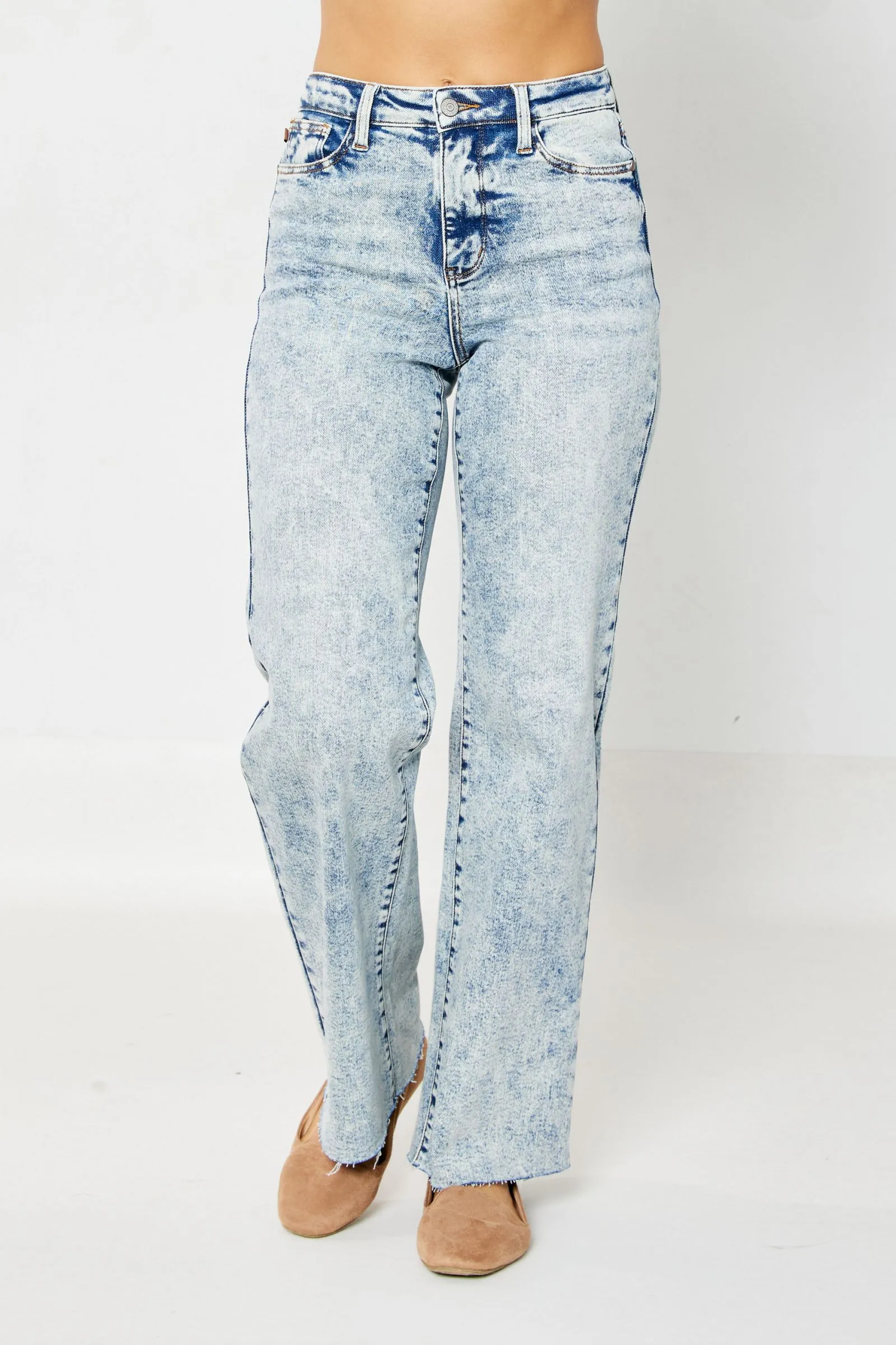 Judy Blue Reg/Plus Mineral Wash Raw Hem Wide Leg Jeans