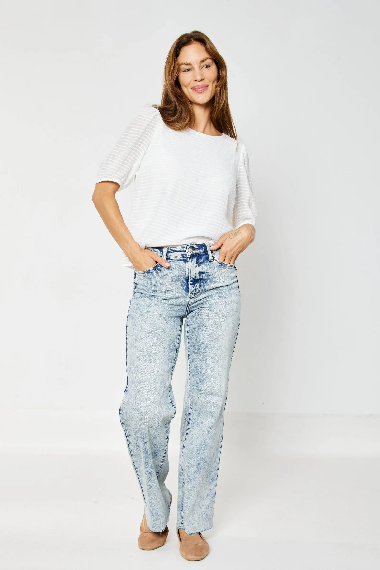 Judy Blue Reg/Plus Mineral Wash Raw Hem Wide Leg Jeans