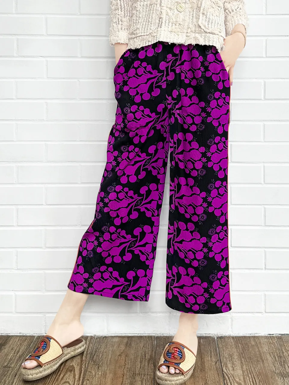 Last Chance! Fuchsia Blooming Petal Contrast Piping Silky Cropped Trousers