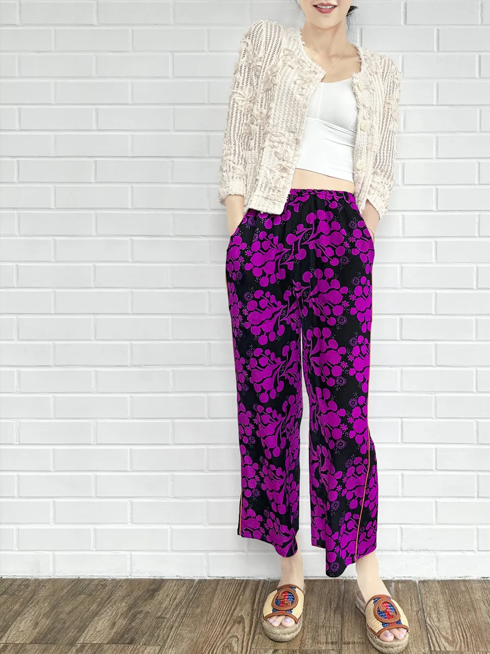 Last Chance! Fuchsia Blooming Petal Contrast Piping Silky Cropped Trousers