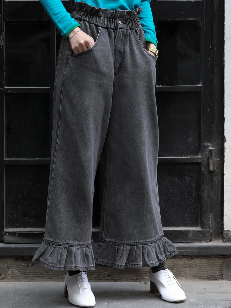 Last Chance! Washed Black Paperbag Waist Ruffle Hem Wide Leg Jeans