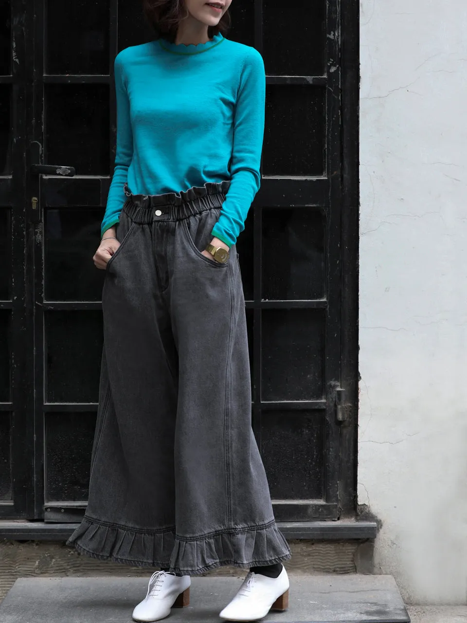 Last Chance! Washed Black Paperbag Waist Ruffle Hem Wide Leg Jeans