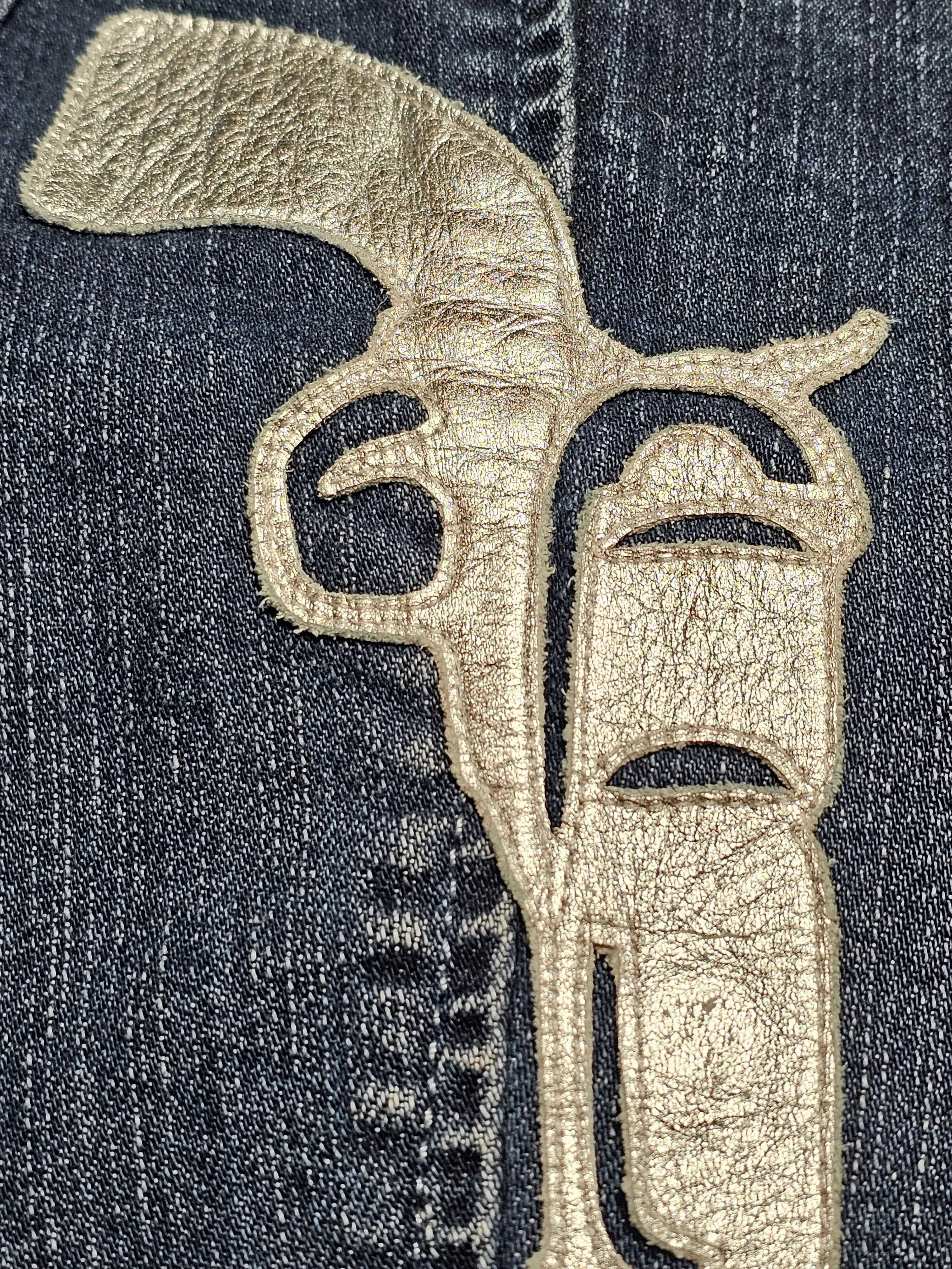 Levi's Blue Jeans Upcycled with Silver Applique Guns 10M W30 Pre-loved