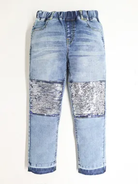 Light Blue Regular Fit Stretchable Sequins Denim Jeans For Girls