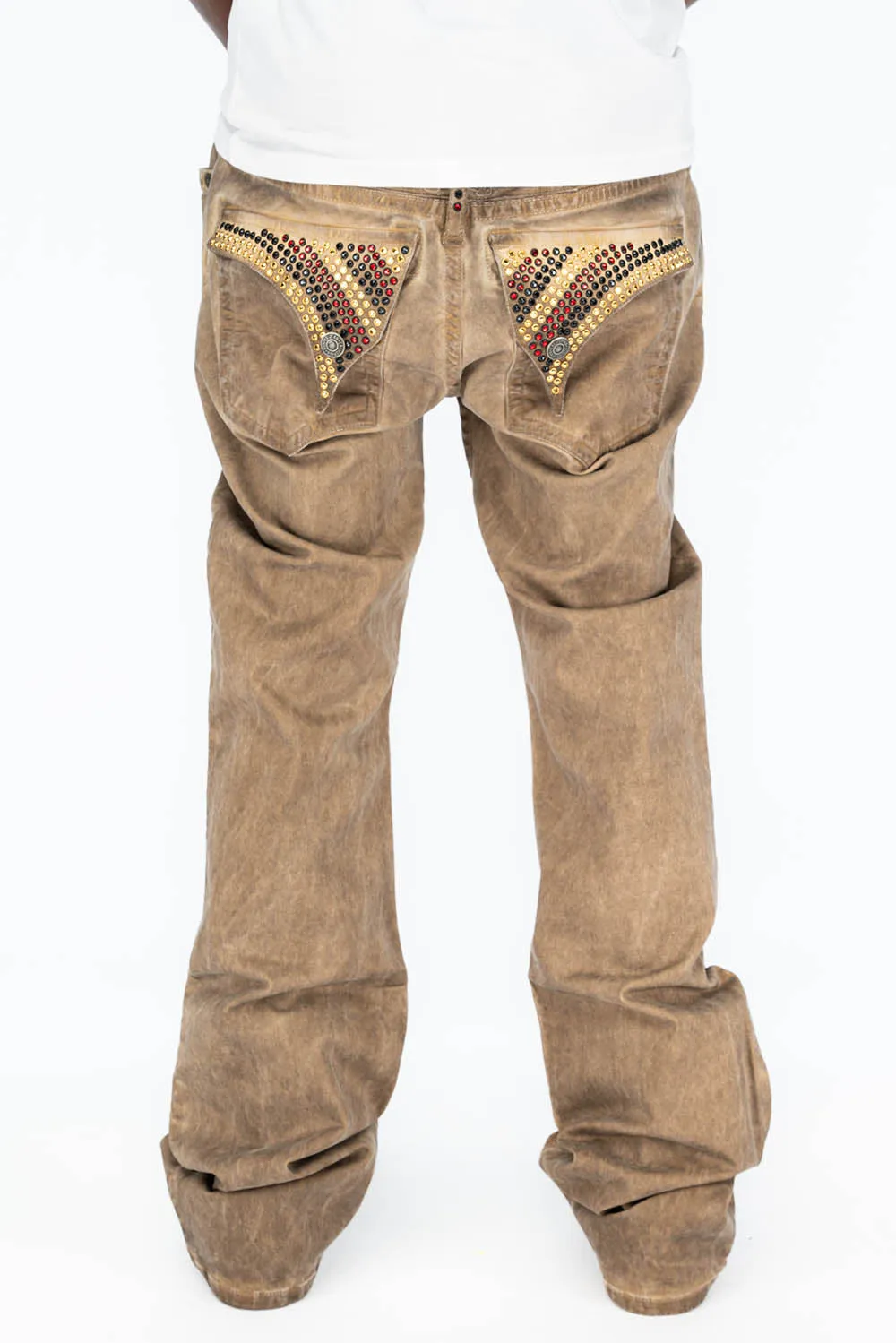 LONG FLAP MENS BOOT CUT JEANS WITH CRYSTALS IN VINTAGE KHAKI WASH