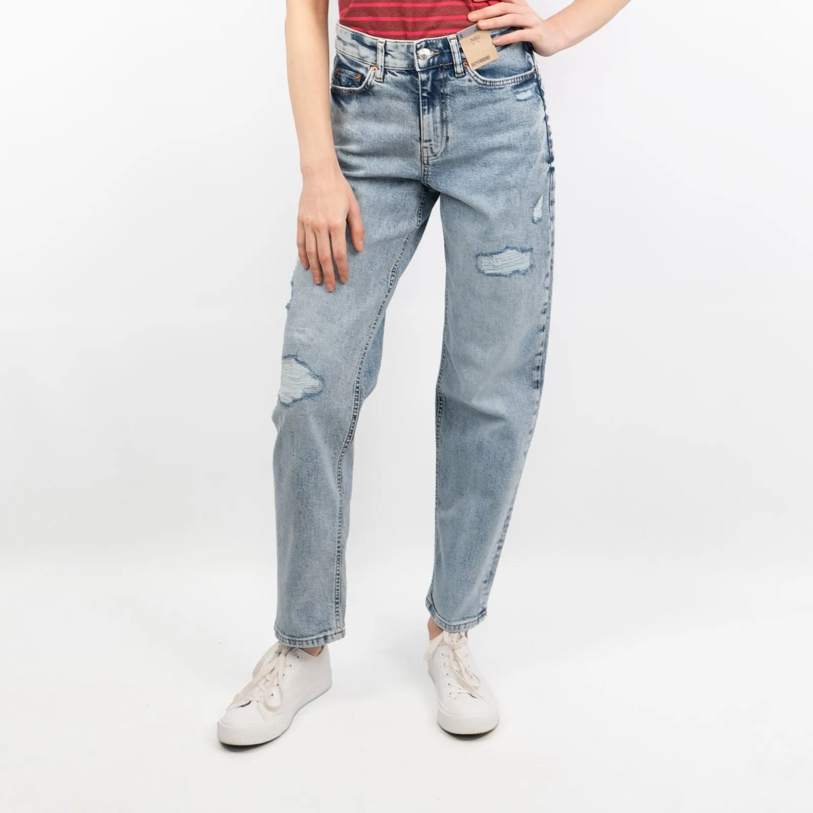 M&S Boyfriend Style Washed Blue High Waisted Ripped Jeans