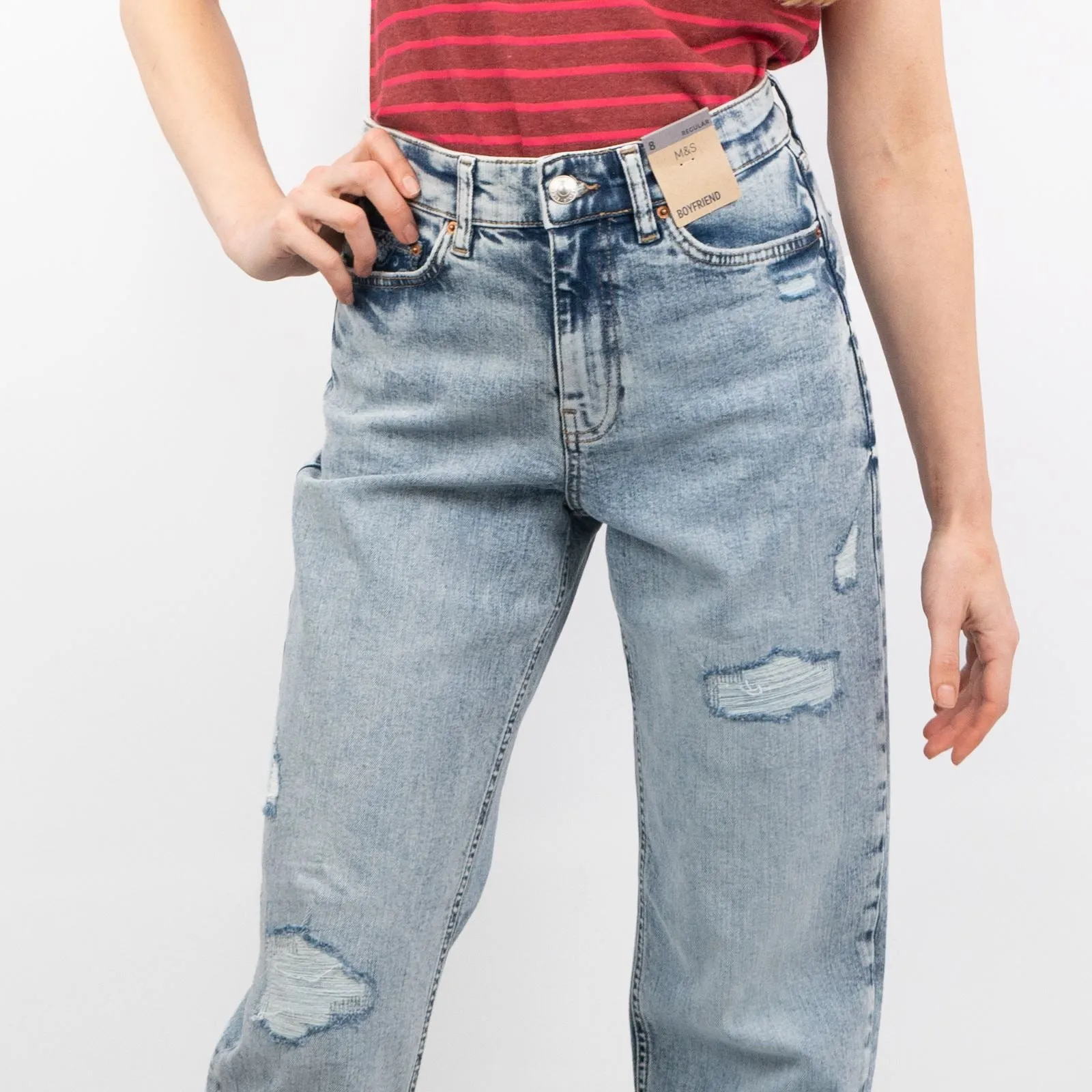 M&S Boyfriend Style Washed Blue High Waisted Ripped Jeans