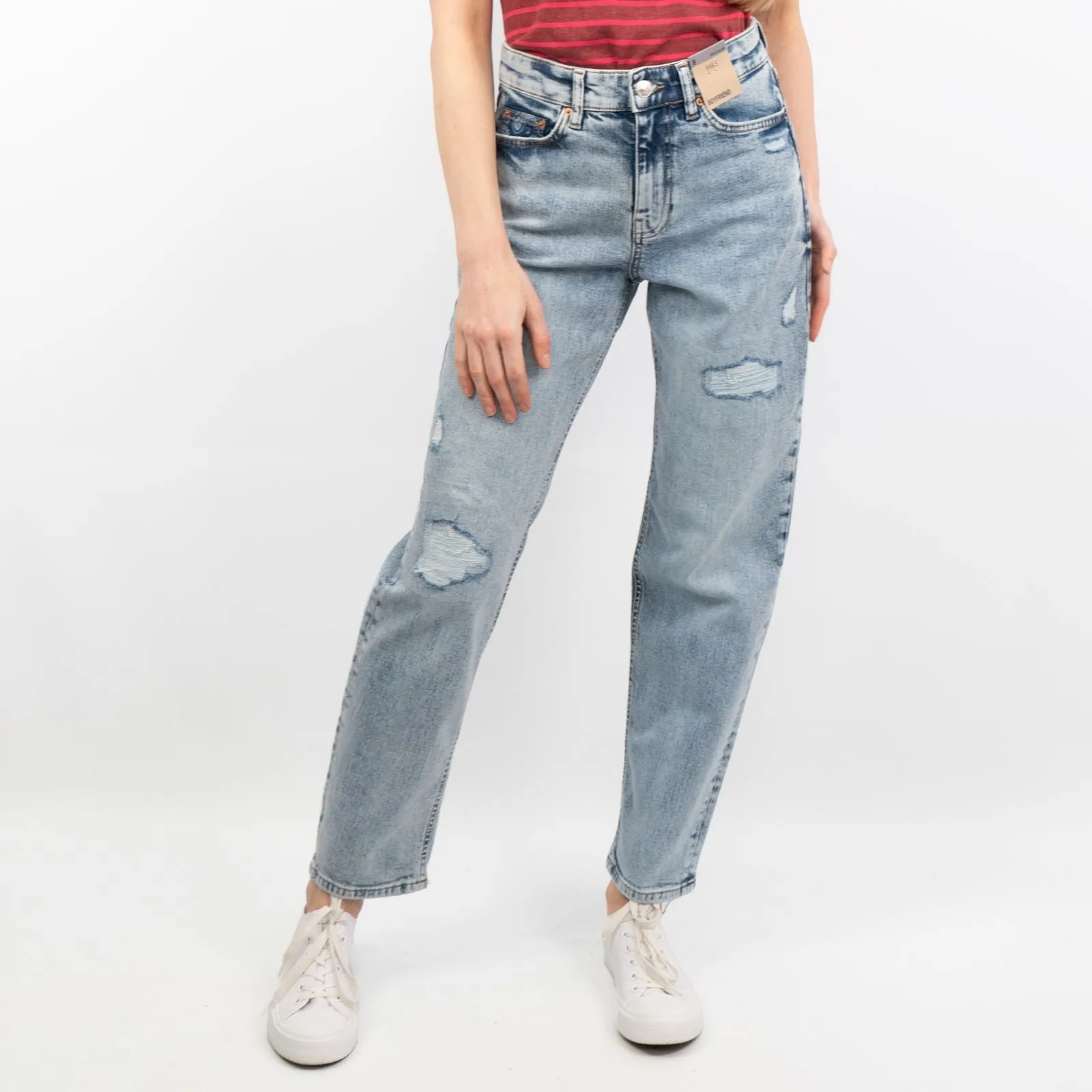 M&S Boyfriend Style Washed Blue High Waisted Ripped Jeans