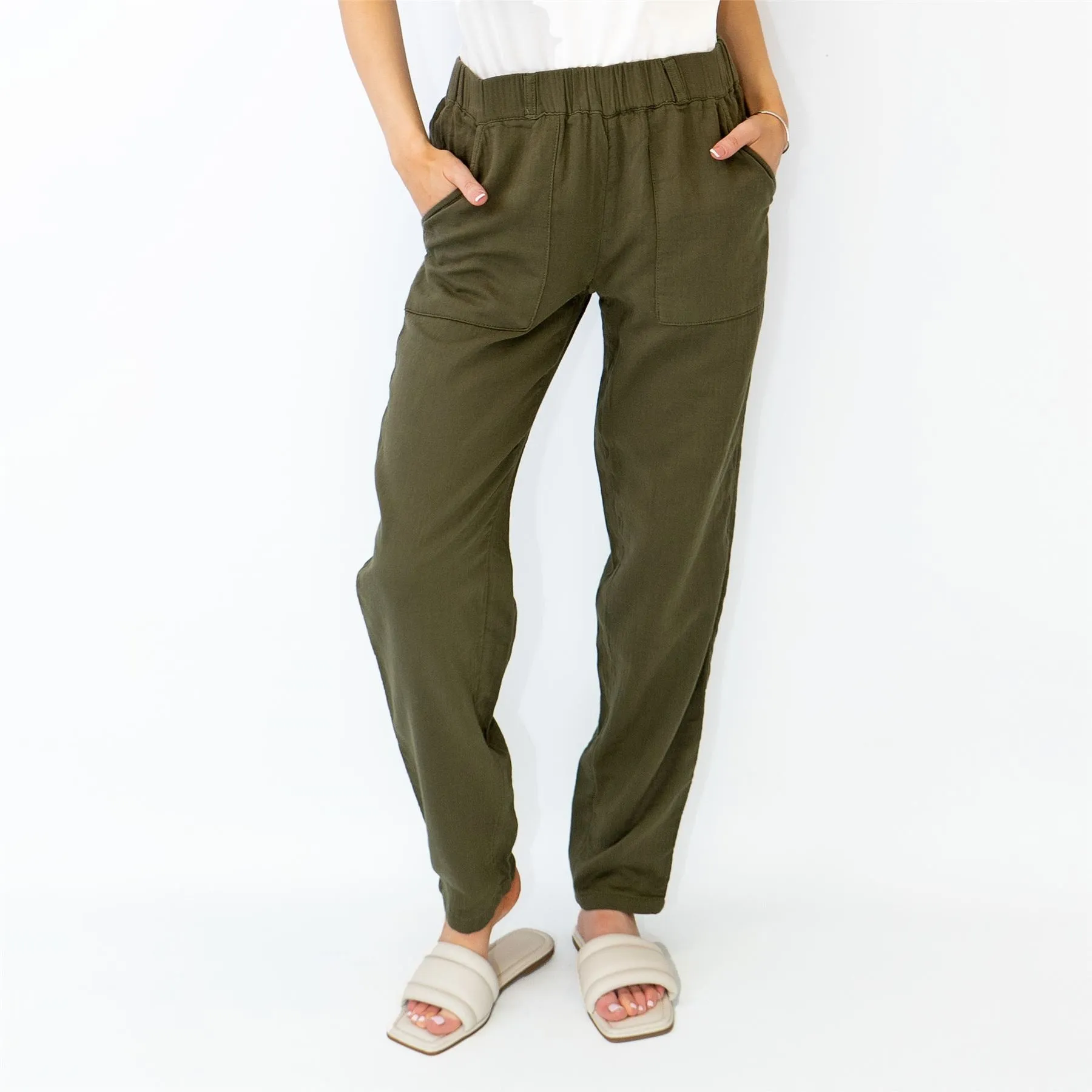 M&S Pure Cotton Tapered Ankle Grazer Elasticated Waist Khaki Green Trousers