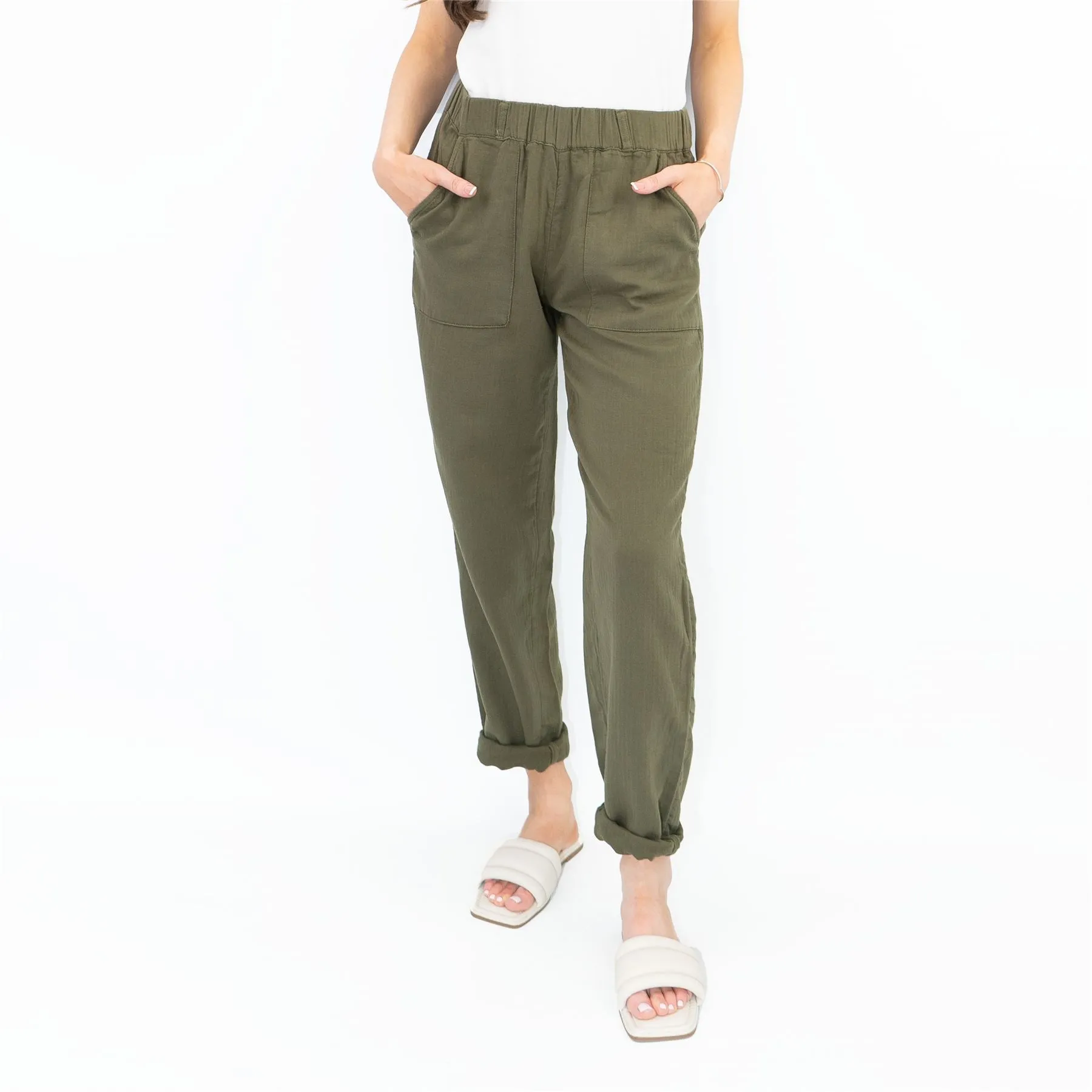 M&S Pure Cotton Tapered Ankle Grazer Elasticated Waist Khaki Green Trousers