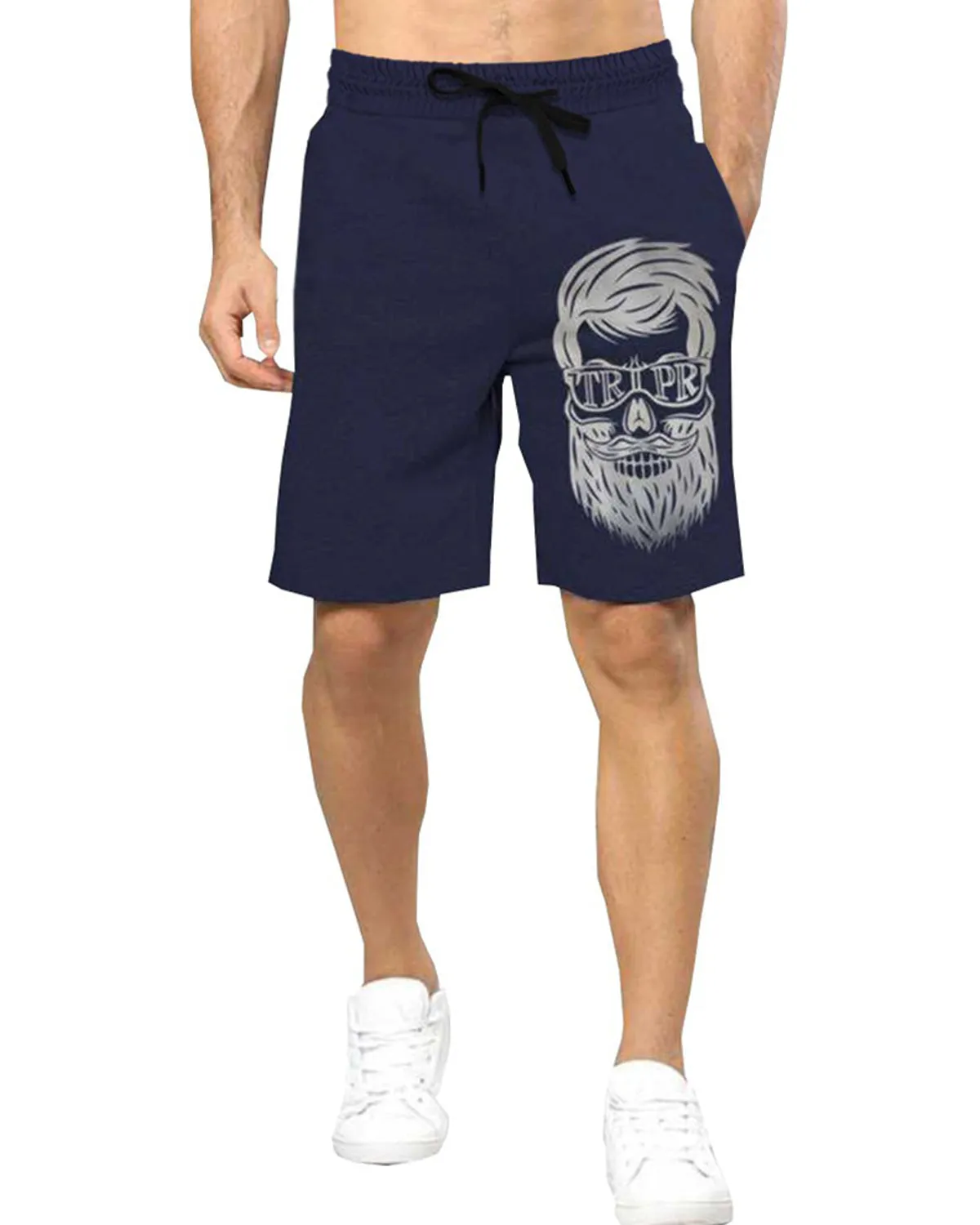 Men Dark Blue Face Printed Drawstring Regular Shorts