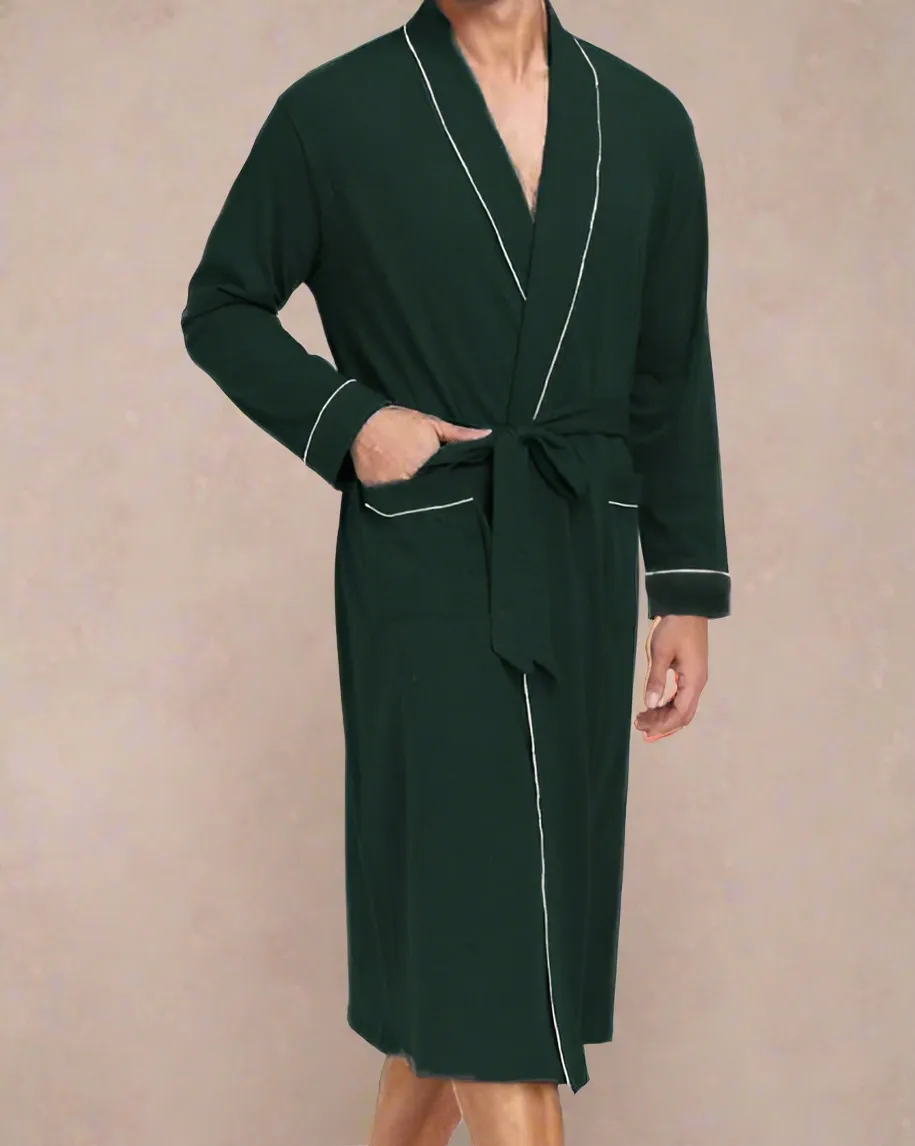 Men Dressing Gown - Cotton Robe for Men with Contrast Piping