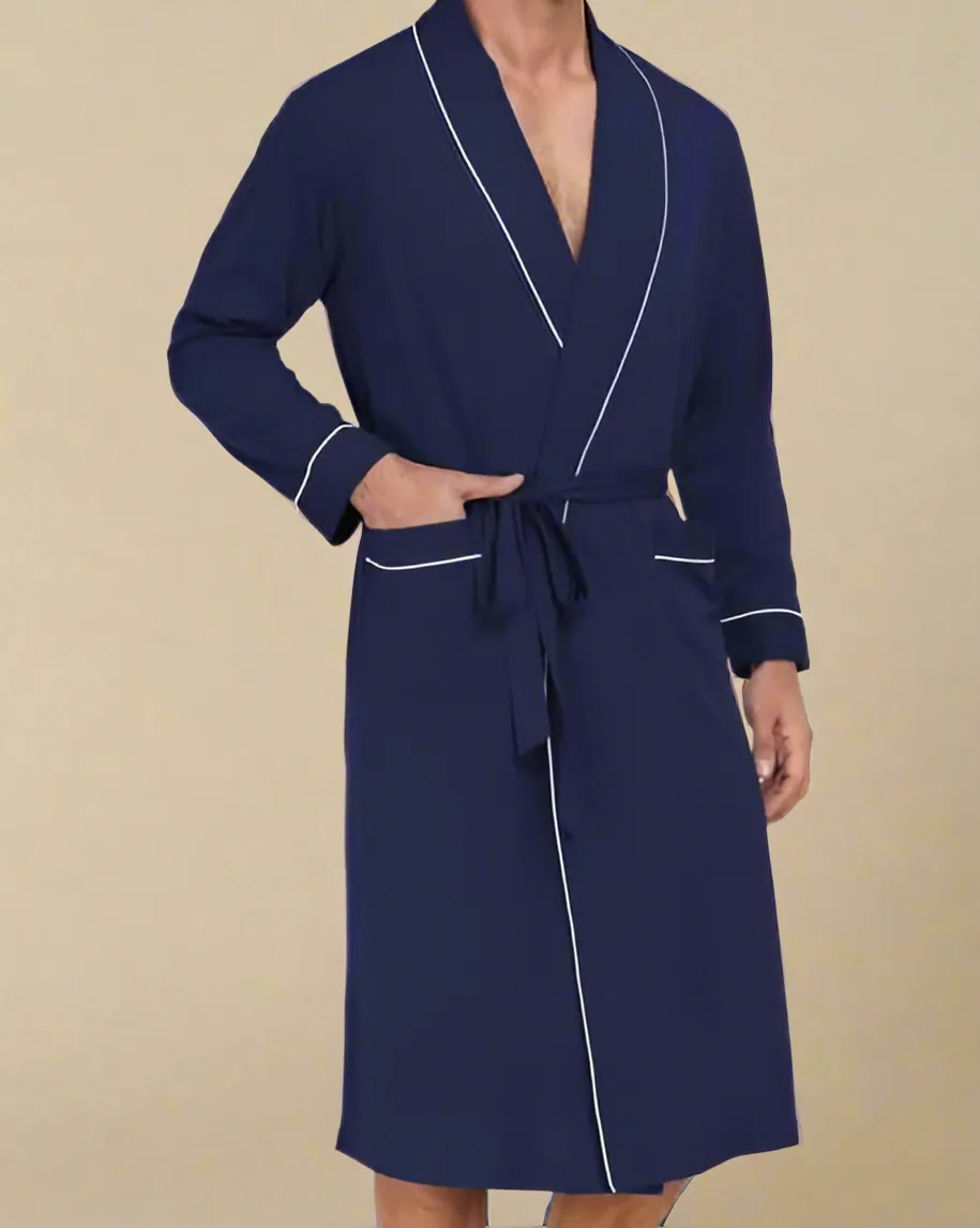 Men Dressing Gown - Cotton Robe for Men with Contrast Piping