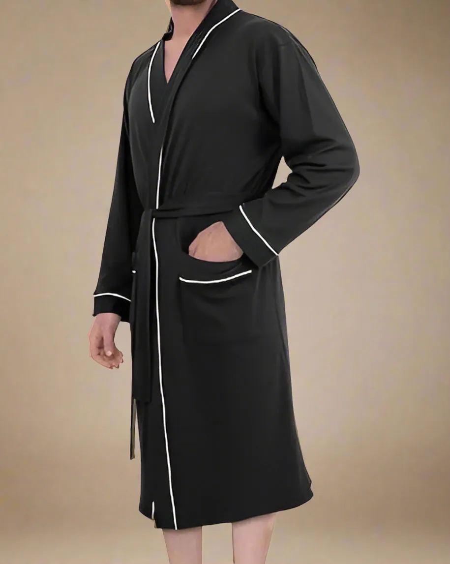 Men Dressing Gown - Cotton Robe for Men with Contrast Piping