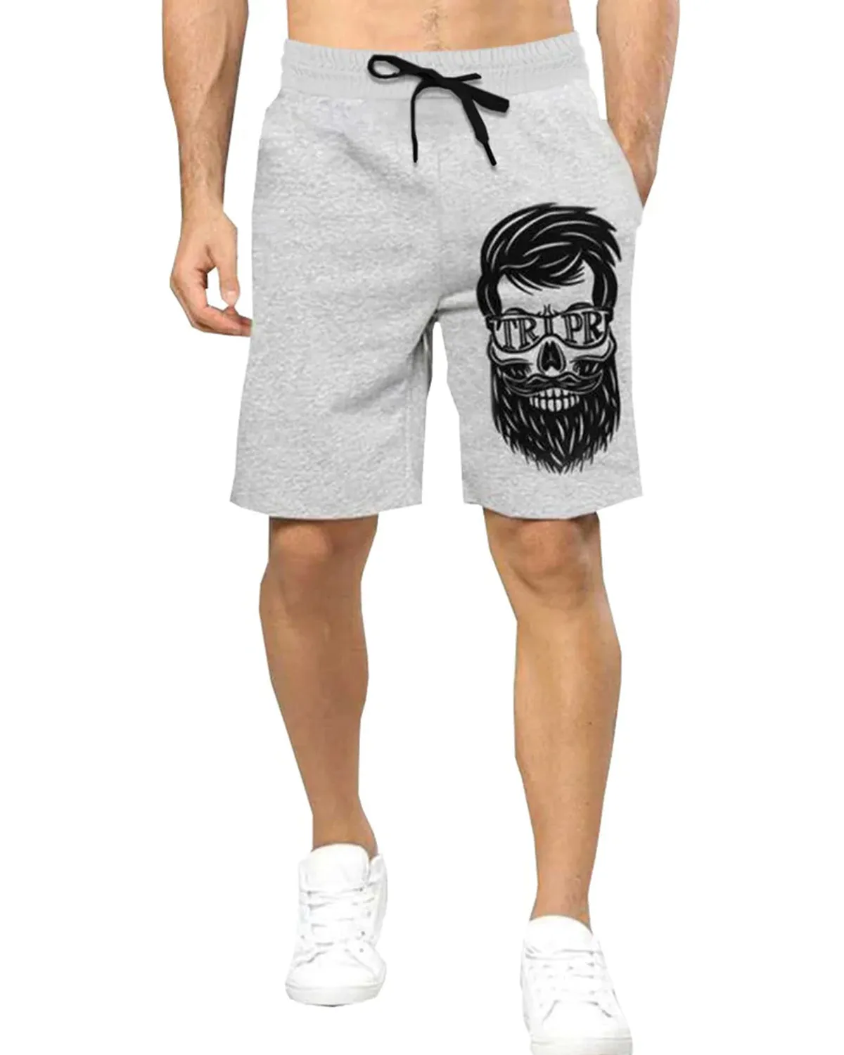 Men Grey Skull Printed Mid Rise Regular Fit Shorts