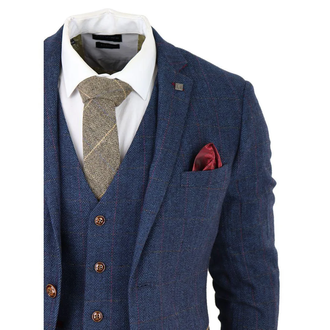 Mens Blue 3 Piece Suit Herringbone Tweed Checked Formal Dress Suits