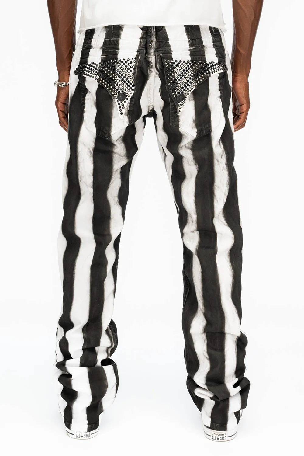 MENS CLASSIC STRAIGHT LEG LONG FLAP JEANS IN PRISONER BLACK AND WHITE WITH CRYSTALS