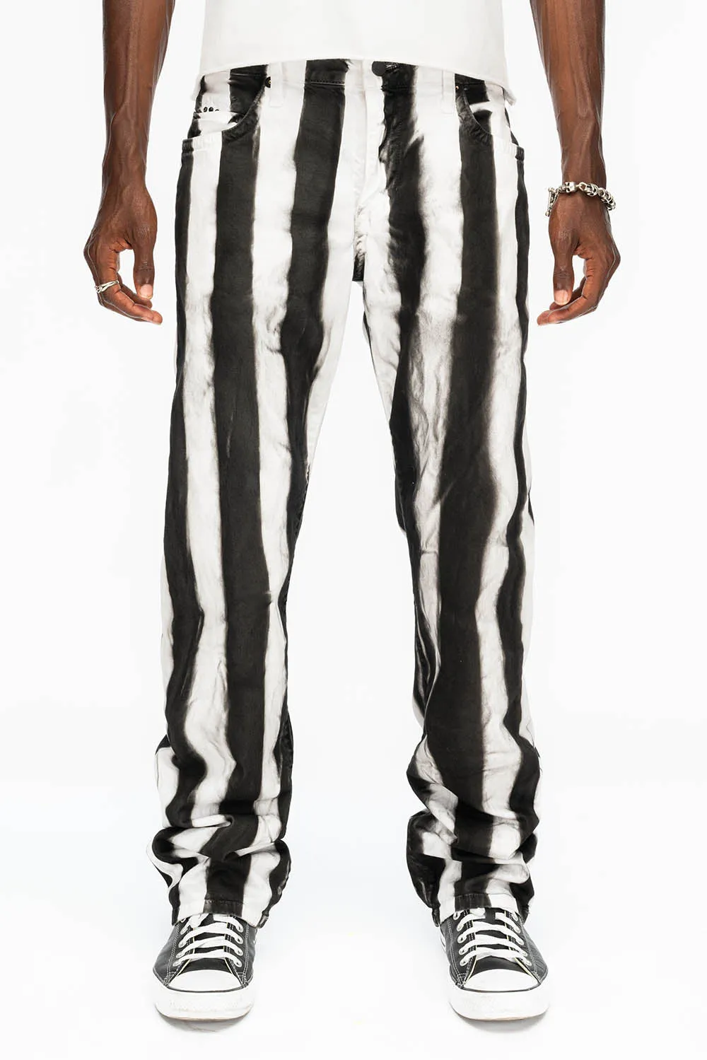 MENS CLASSIC STRAIGHT LEG LONG FLAP JEANS IN PRISONER BLACK AND WHITE WITH CRYSTALS