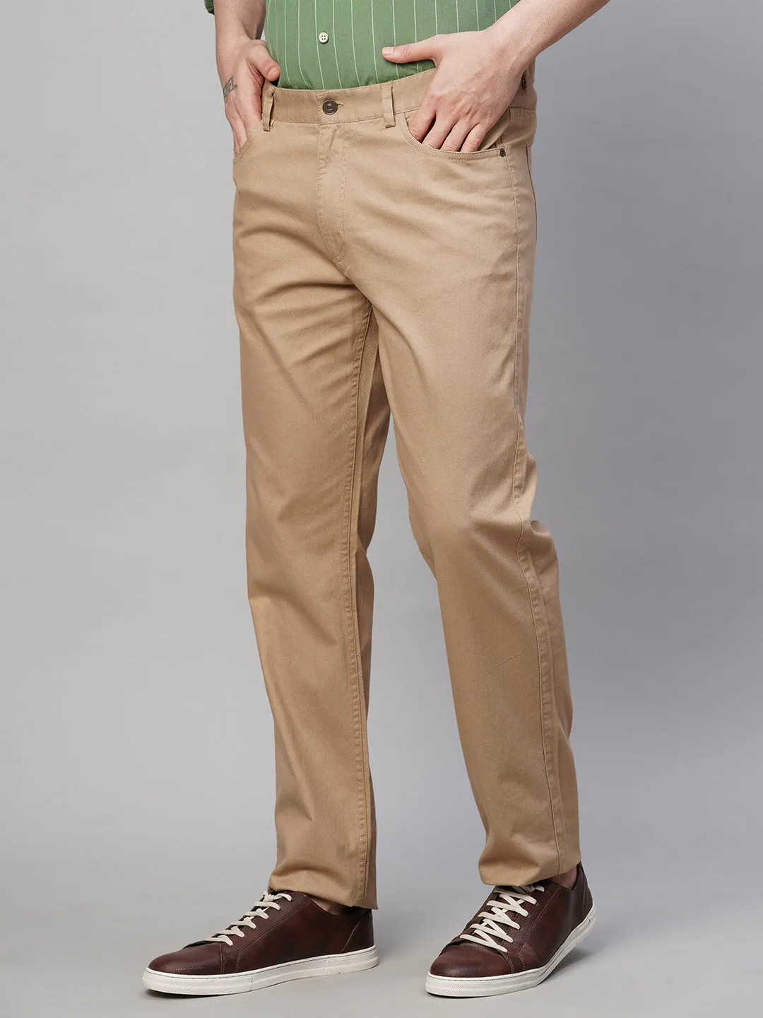 Men's Khaki Cotton Lycra Slim Fit Pant