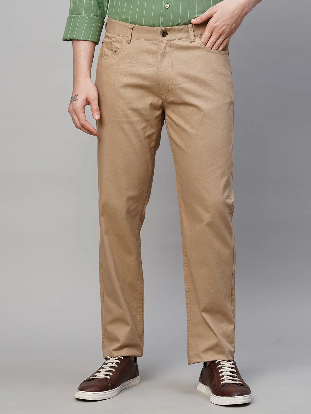 Men's Khaki Cotton Lycra Slim Fit Pant