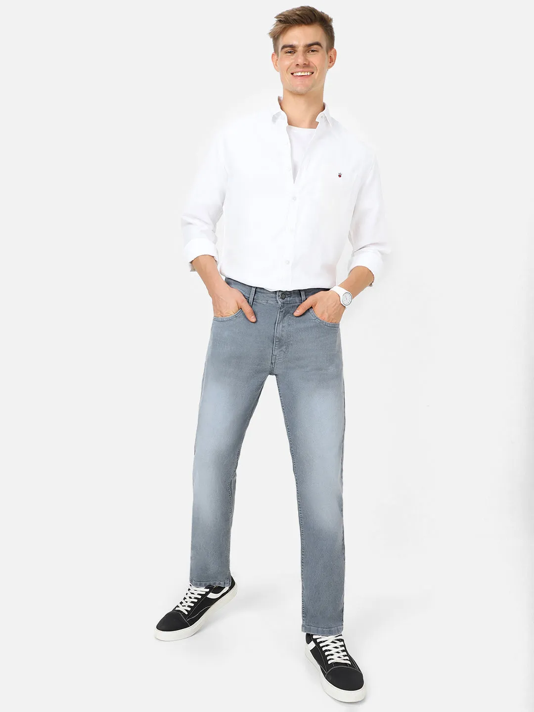 Men's Light Grey Regular Fit Washed Jeans Stretchable