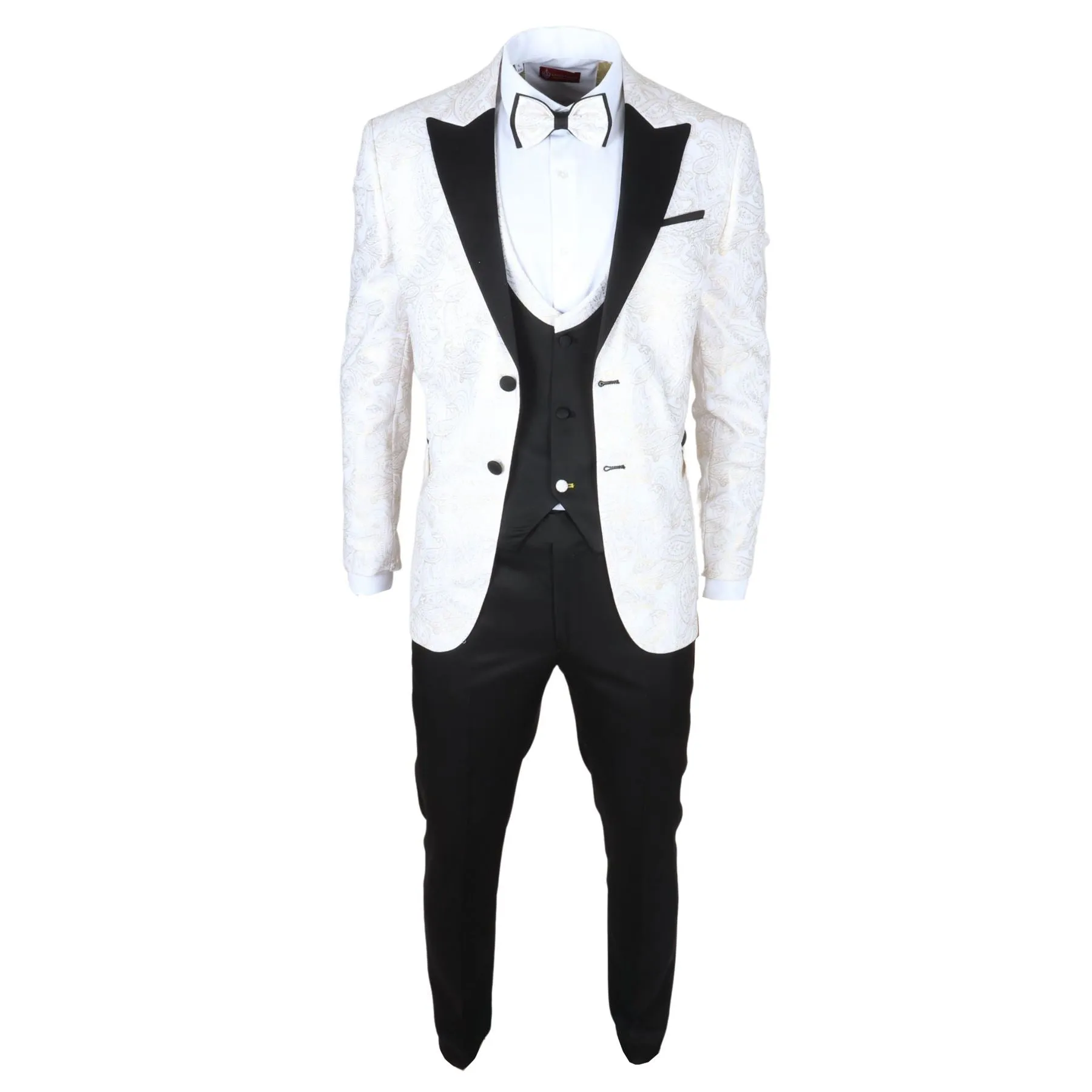 Men's Suit 3 Piece White Paisley Tailored Fit Wedding Tuxedo