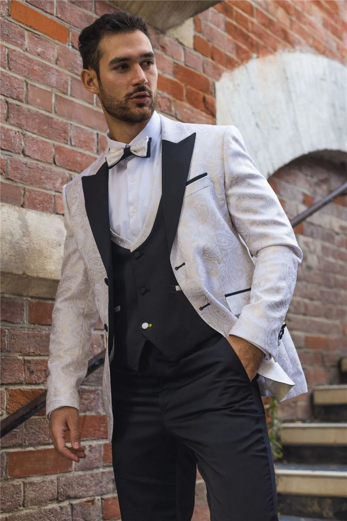 Men's Suit 3 Piece White Paisley Tailored Fit Wedding Tuxedo