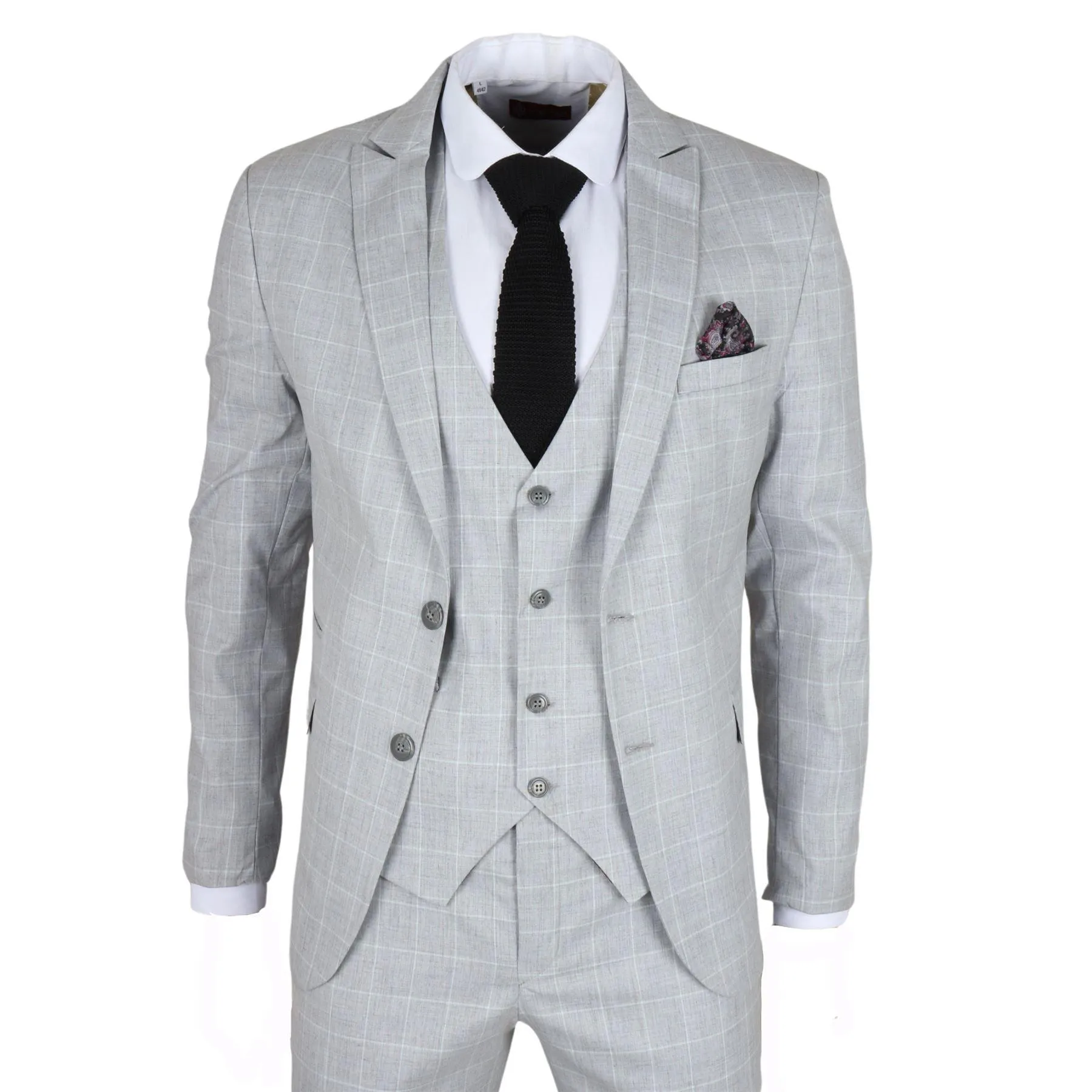 Men's Suit Grey Checked Tailored Fit 3 Piece Formal Dress