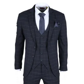 Men's Suit Navy Blue Checked Tailored Fit 3 Piece Formal Dress