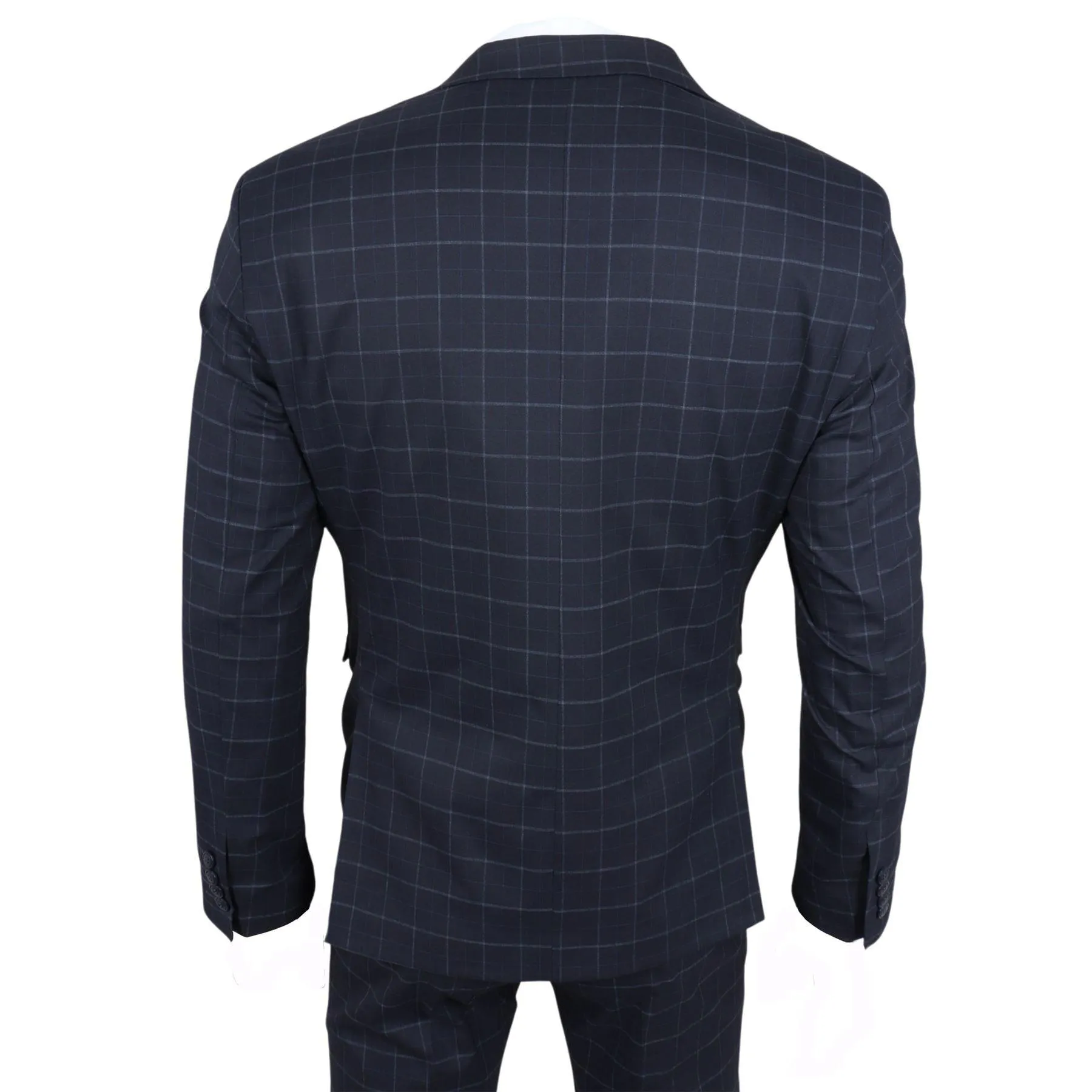 Men's Suit Navy Blue Checked Tailored Fit 3 Piece Formal Dress