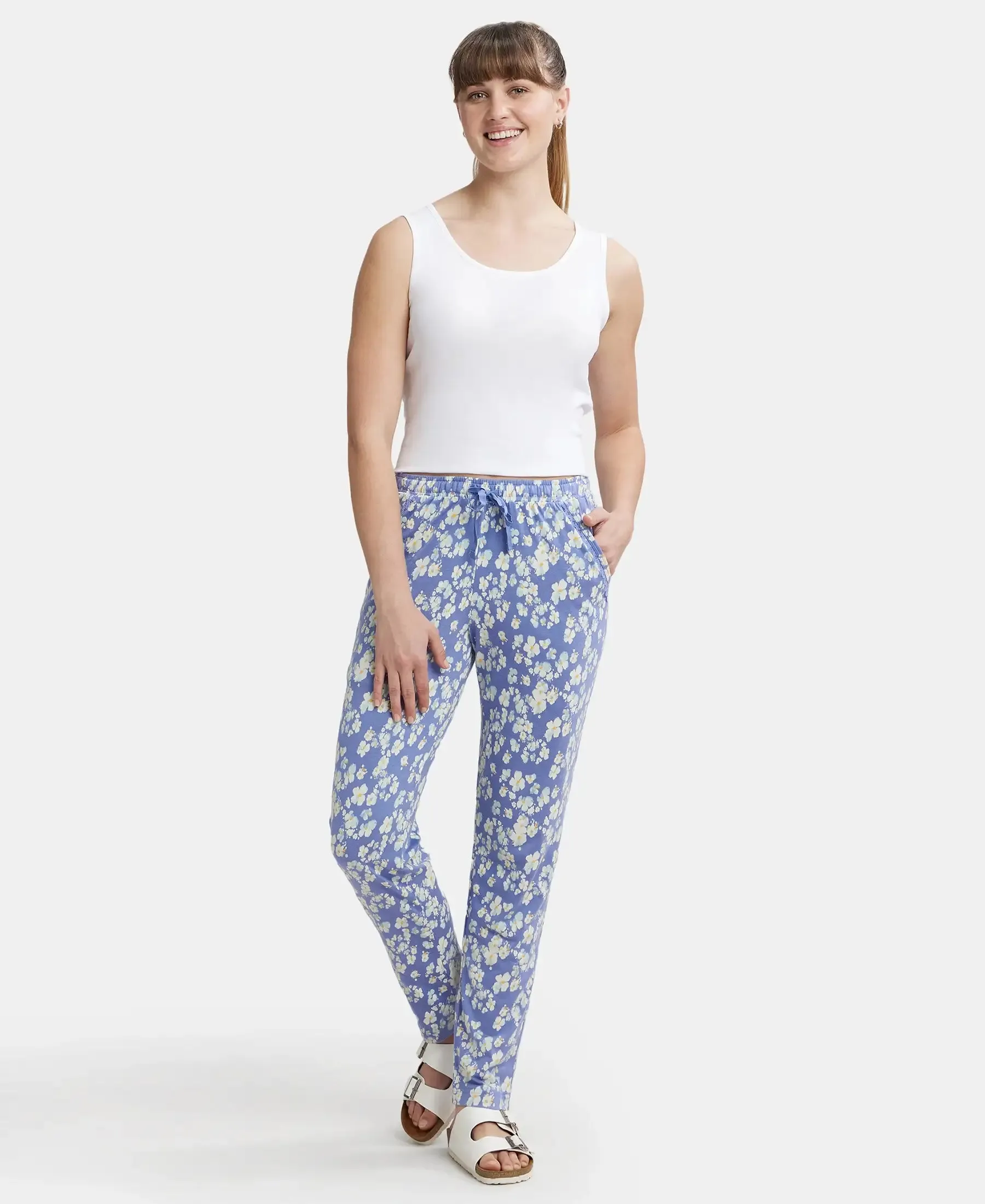 Micro Modal Cotton Relaxed Fit Printed Pyjama with Side Pockets - Iris Blue Assorted Prints