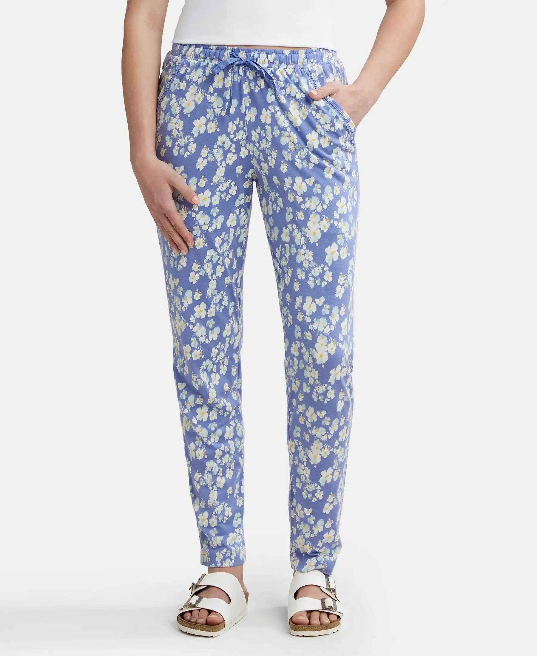 Micro Modal Cotton Relaxed Fit Printed Pyjama with Side Pockets - Iris Blue Assorted Prints