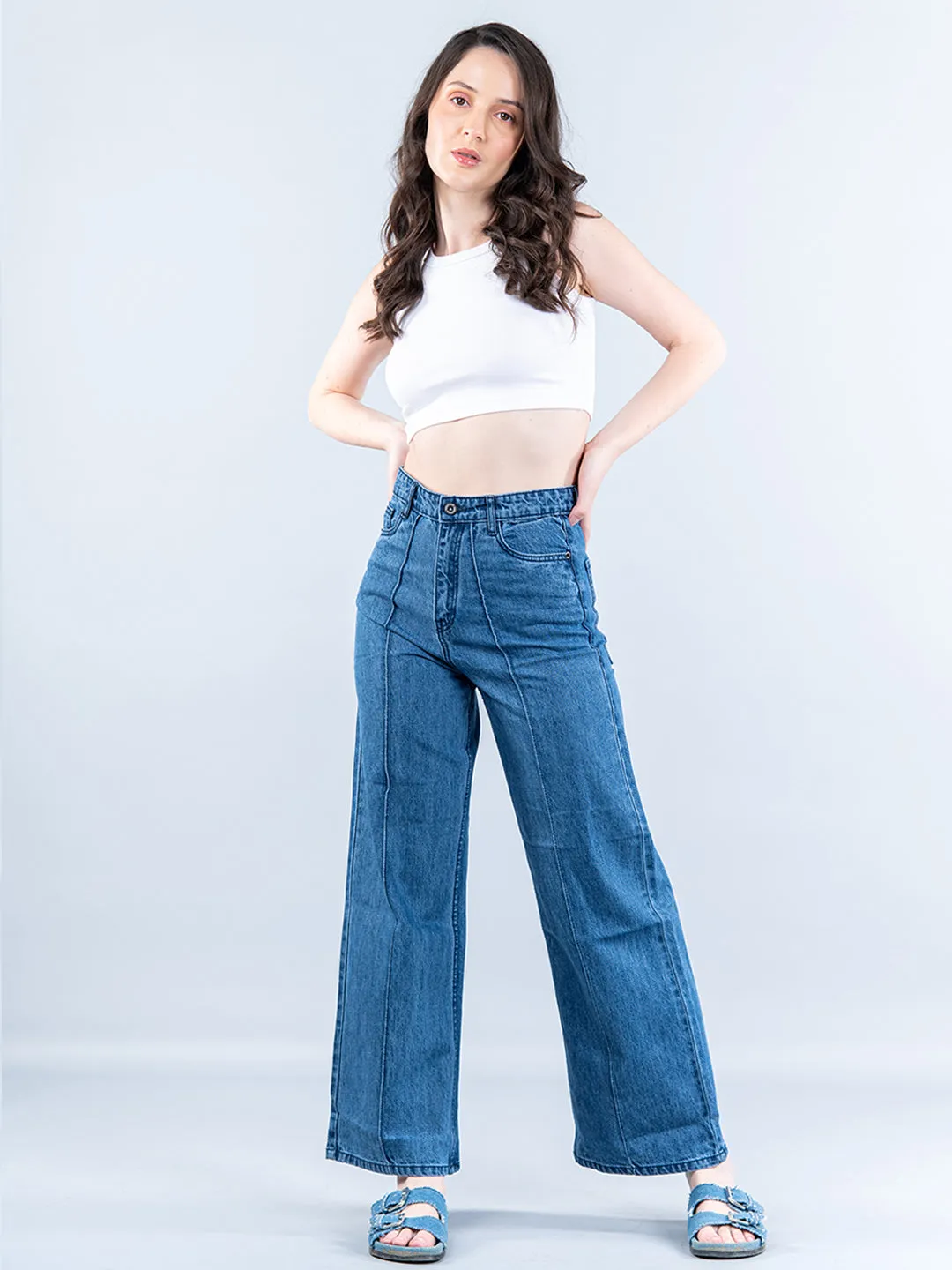 Mid Blue Pleated Flared Jeans