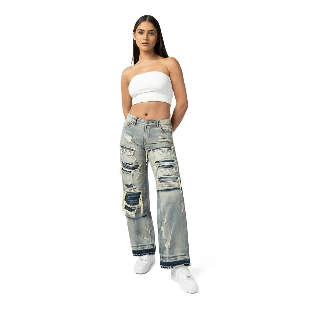 Mid Rise Rip Off Wide Leg Denim Jeans - Industrial Blue