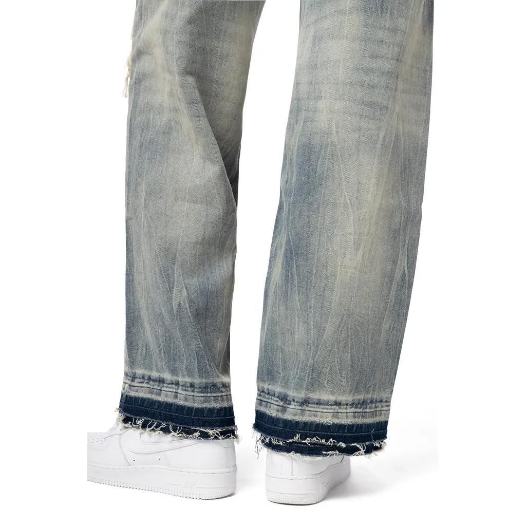 Mid Rise Rip Off Wide Leg Denim Jeans - Industrial Blue