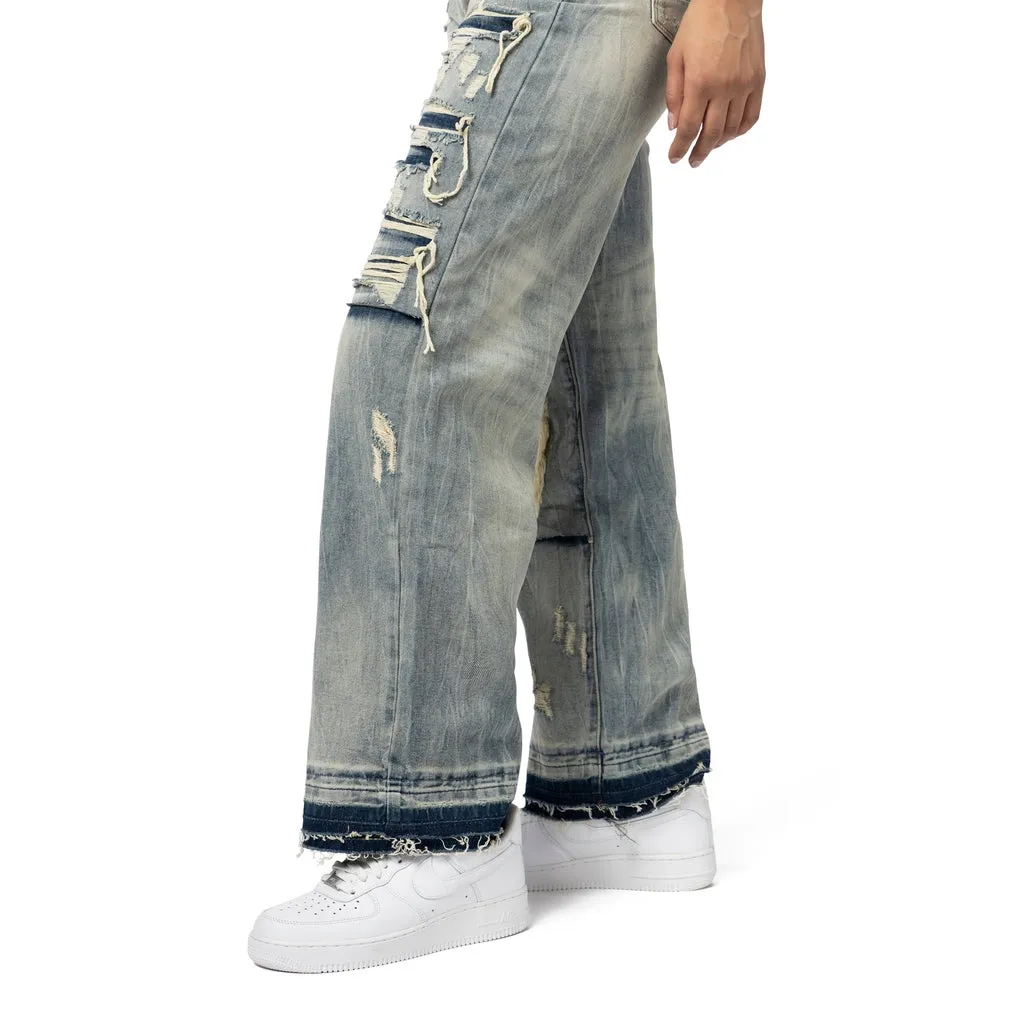 Mid Rise Rip Off Wide Leg Denim Jeans - Industrial Blue