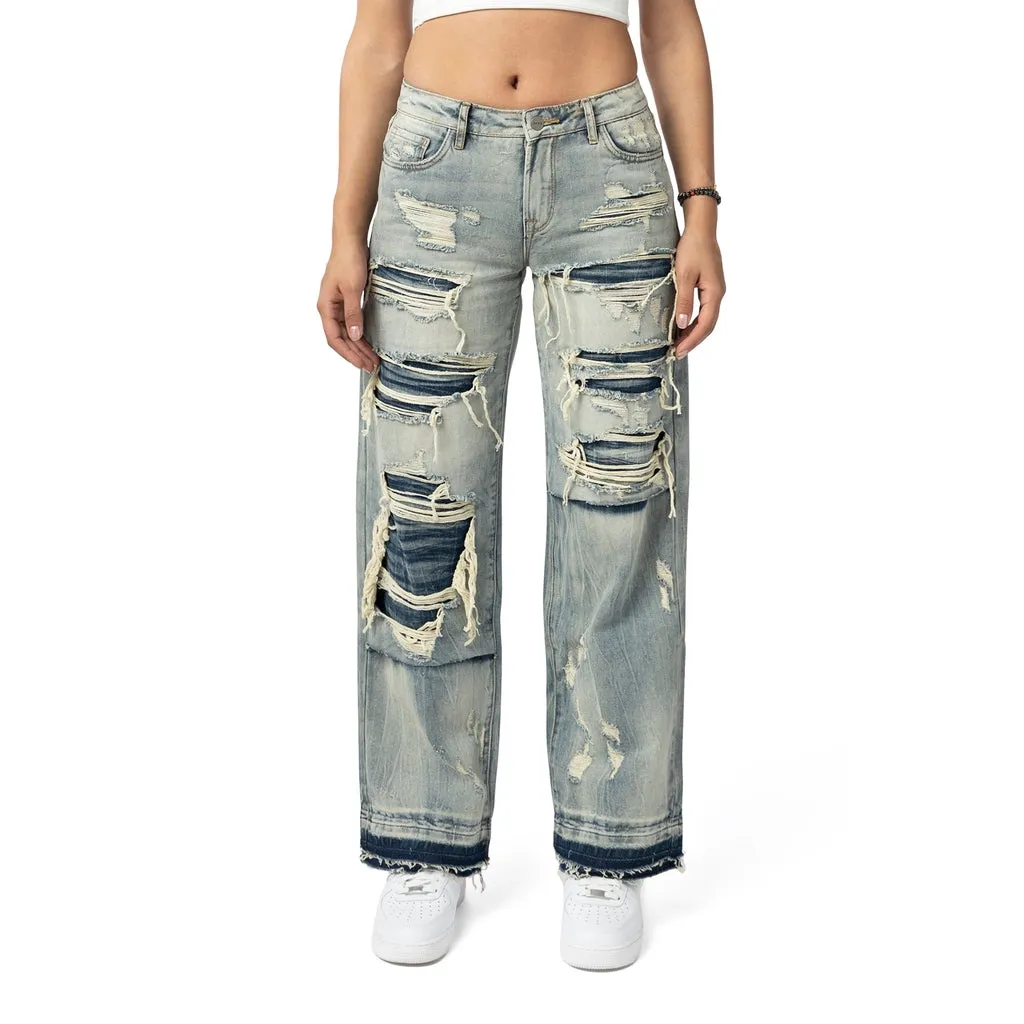 Mid Rise Rip Off Wide Leg Denim Jeans - Industrial Blue