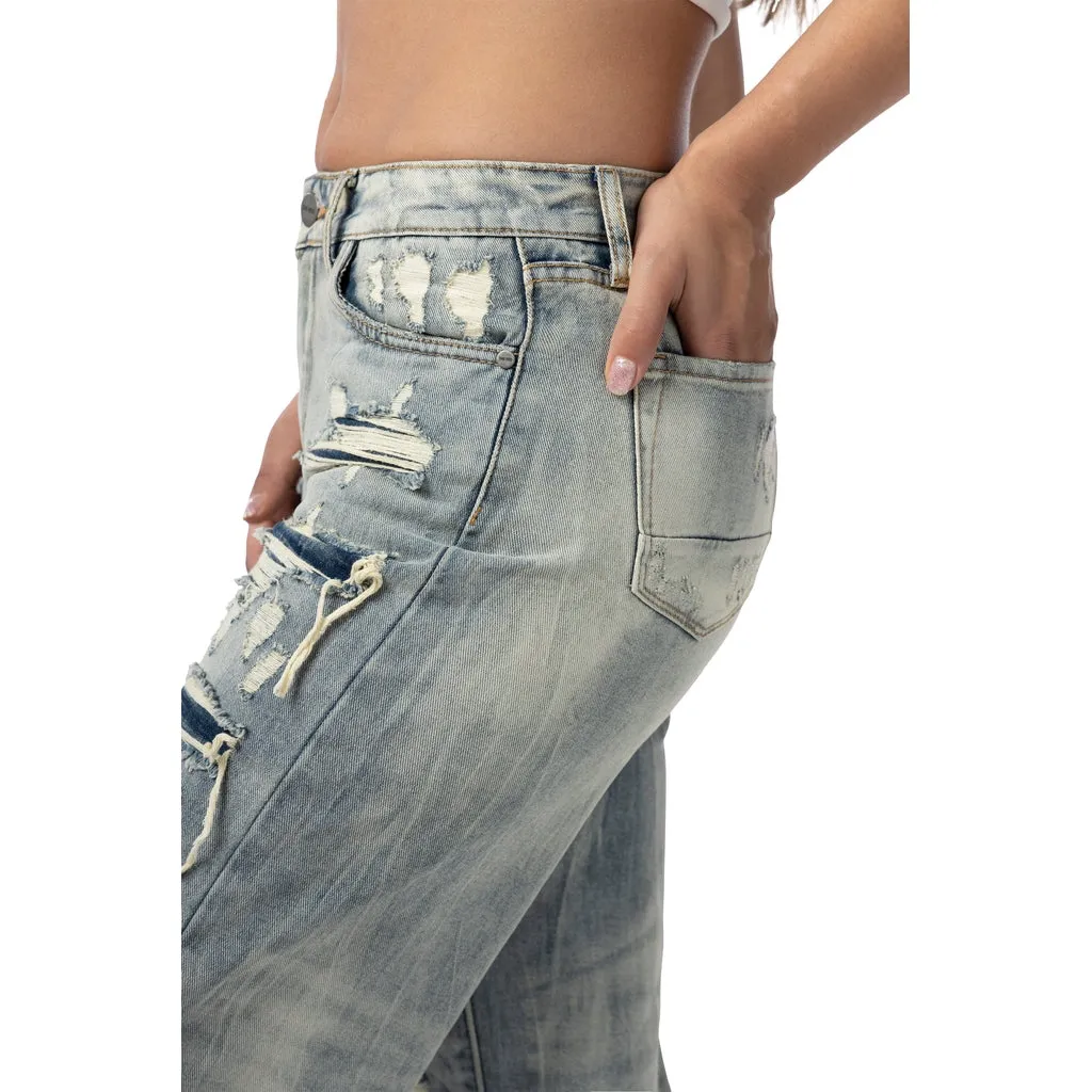 Mid Rise Rip Off Wide Leg Denim Jeans - Industrial Blue