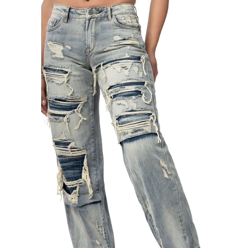 Mid Rise Rip Off Wide Leg Denim Jeans - Industrial Blue