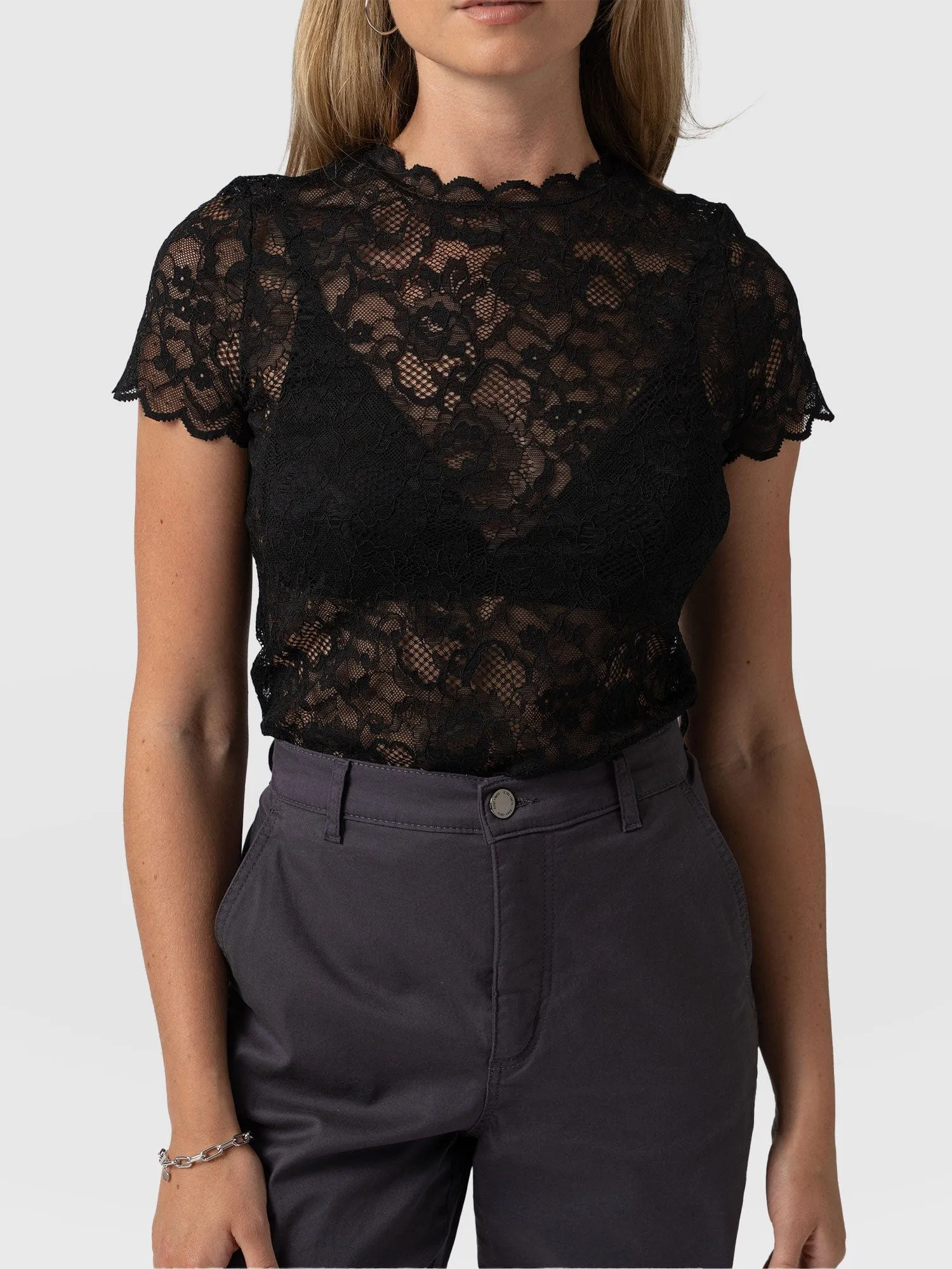 Miranda Lace Short Sleeve Tee - Black