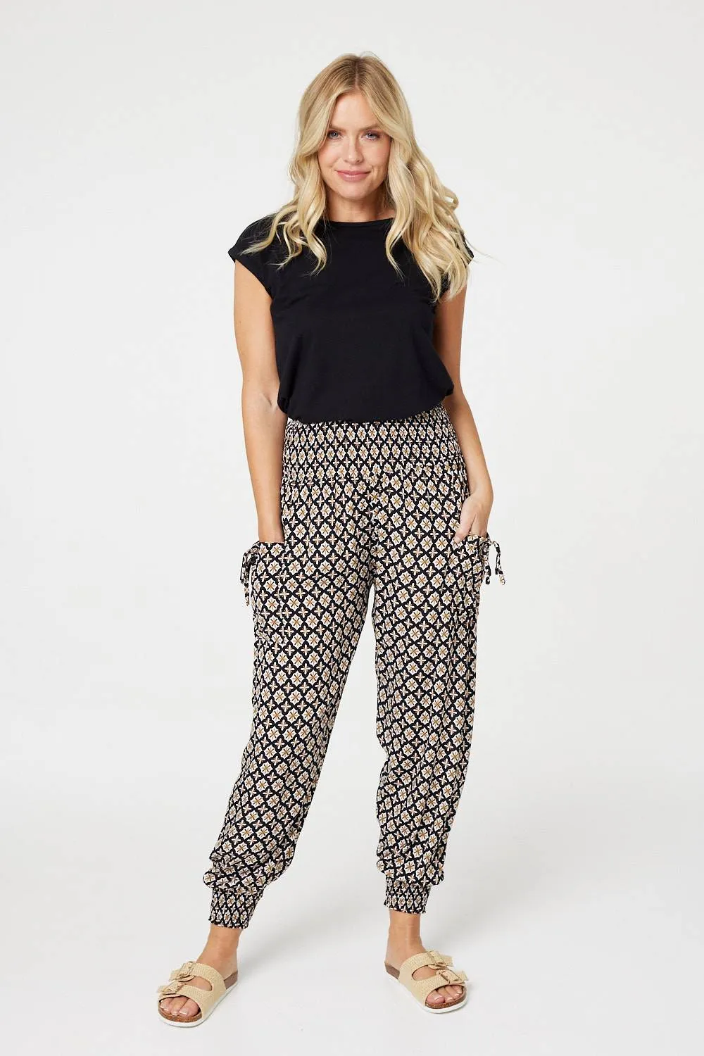 Mosaic Print Shirred Harem Pants