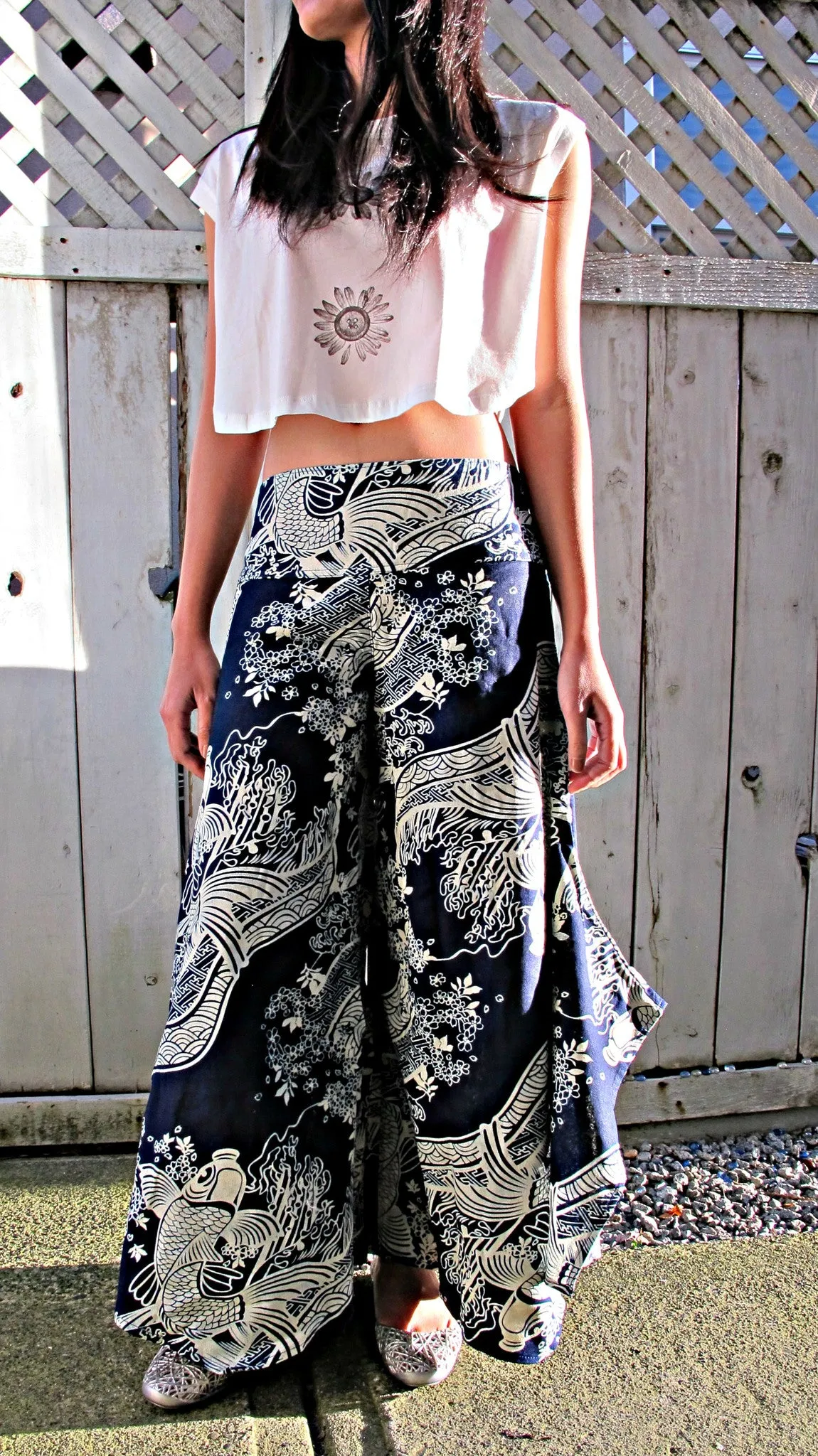 New Indigo Wave Sakura Koi Fish Wide Leg Pants NK4D