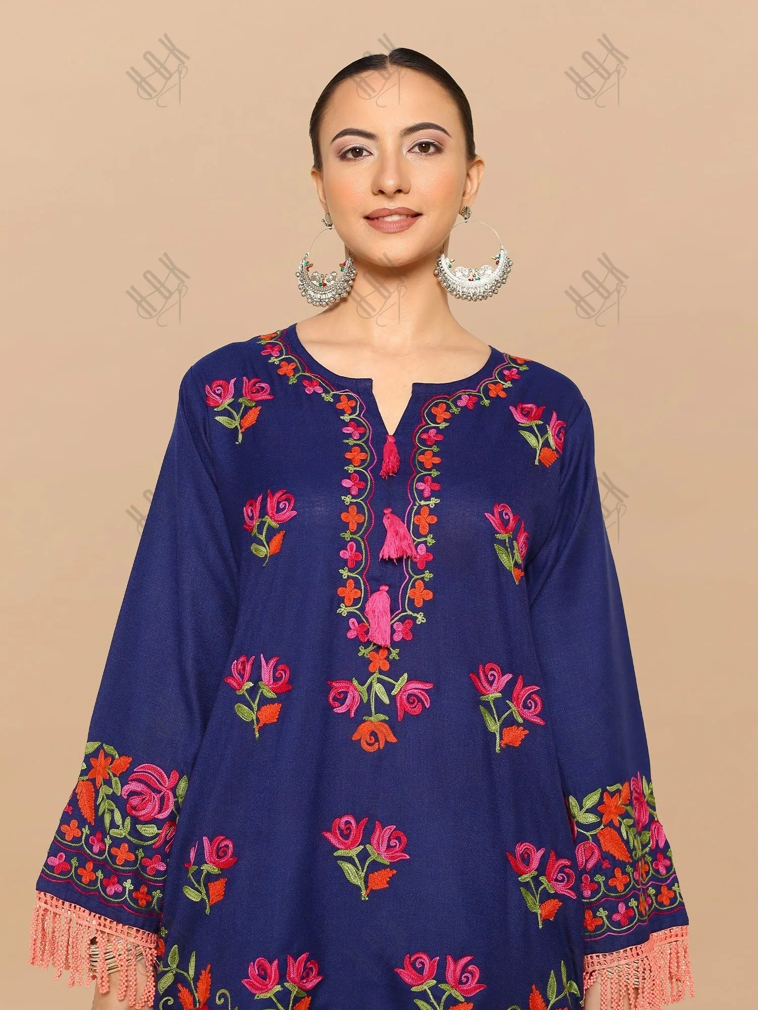 Nikita in Falak Kashmiri Long Kurta- Navy Blue