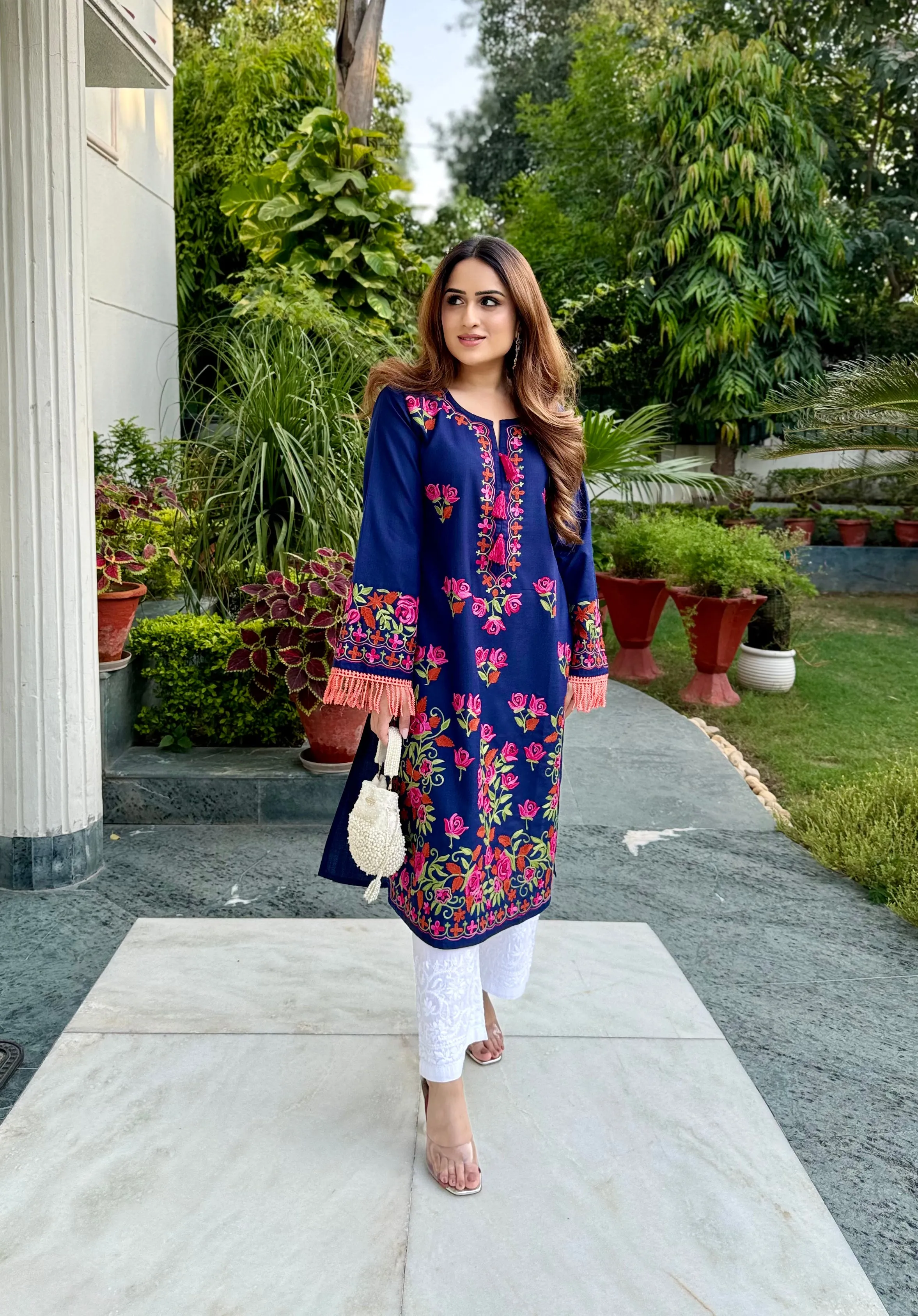 Nikita in Falak Kashmiri Long Kurta- Navy Blue