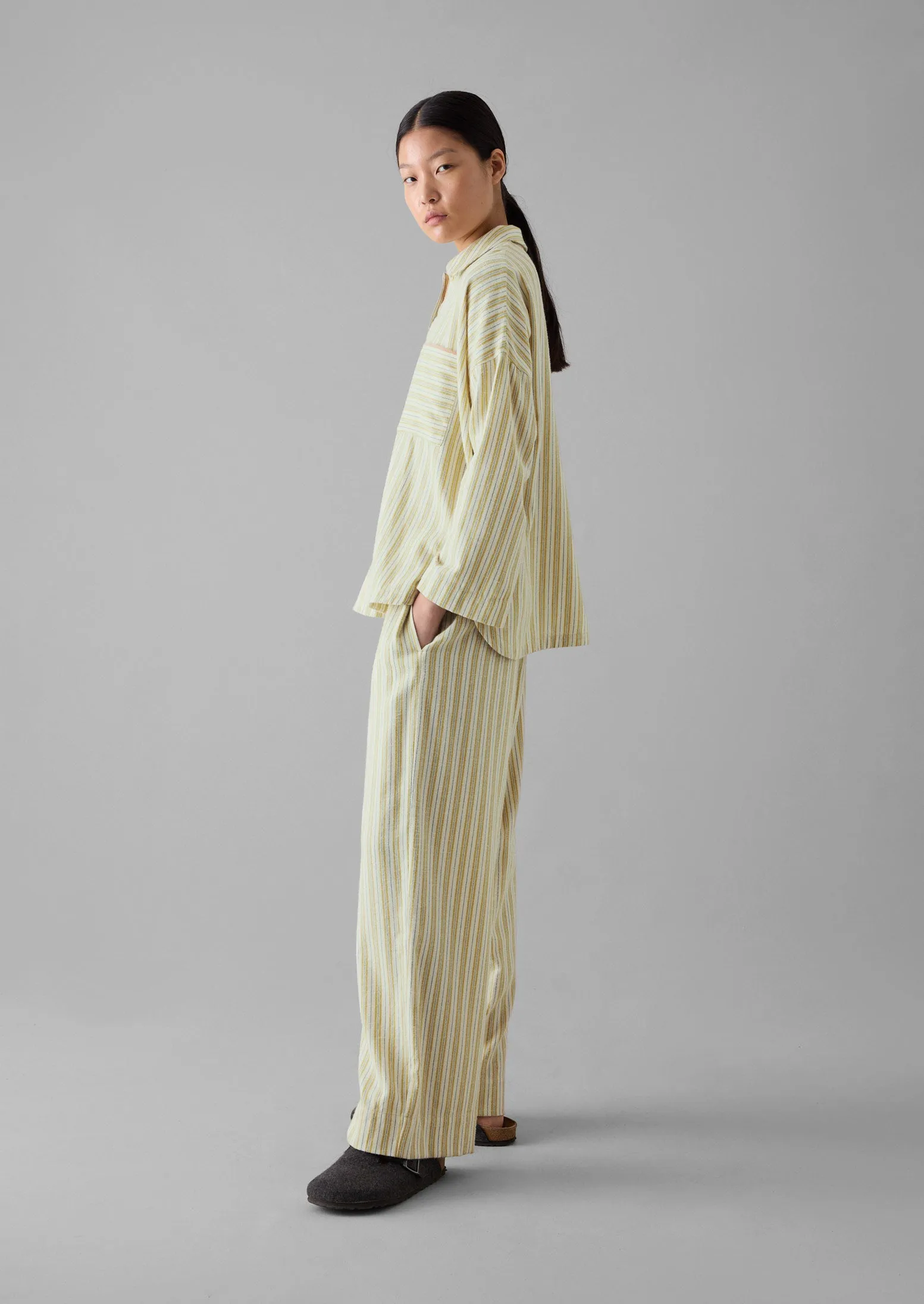 Nova Stripe Flannel Pyjamas | Ecru/Celery