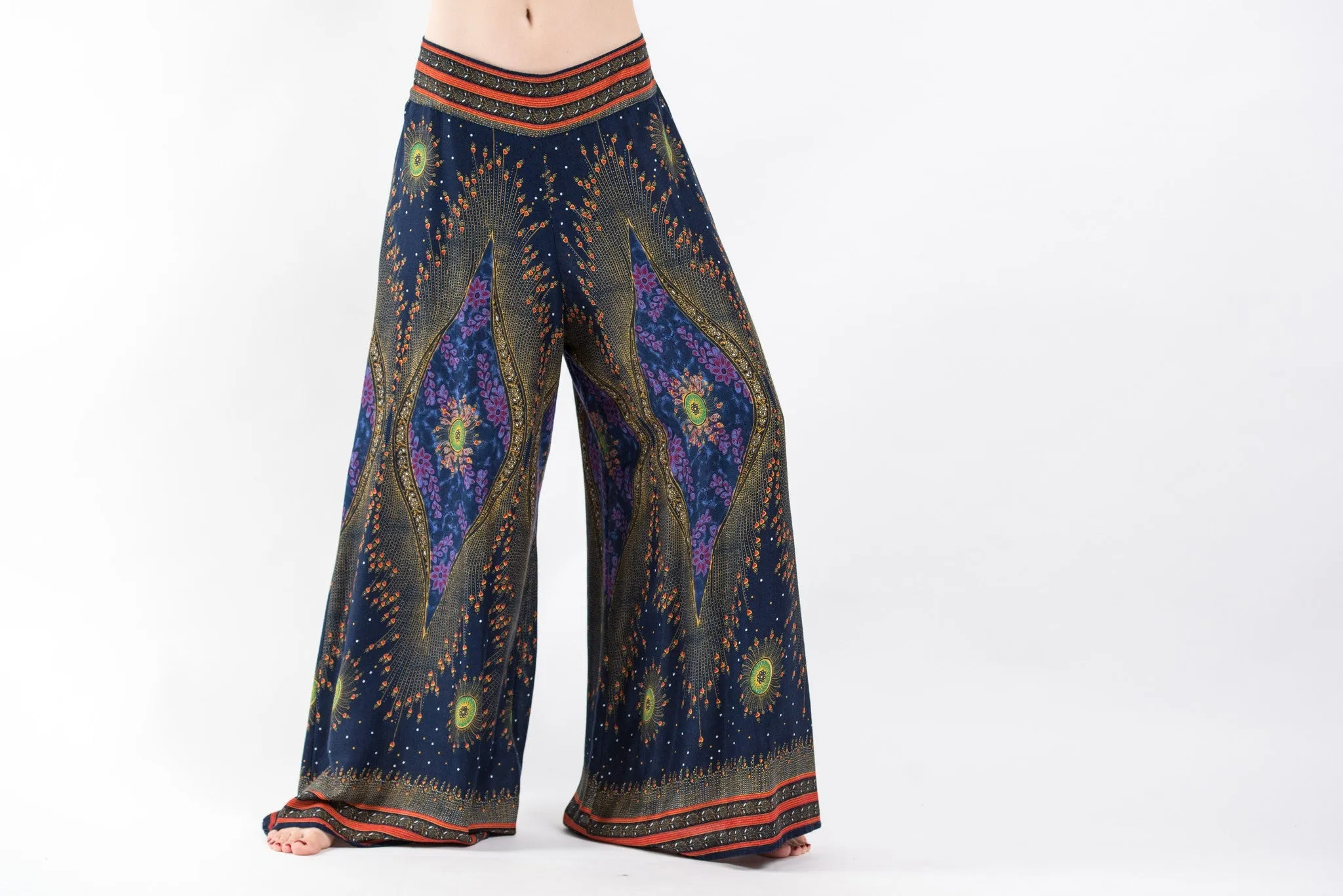 Peacock Eyes Straight Cut Wide Leg Palazzo with Elastic Back Waistband in Navy